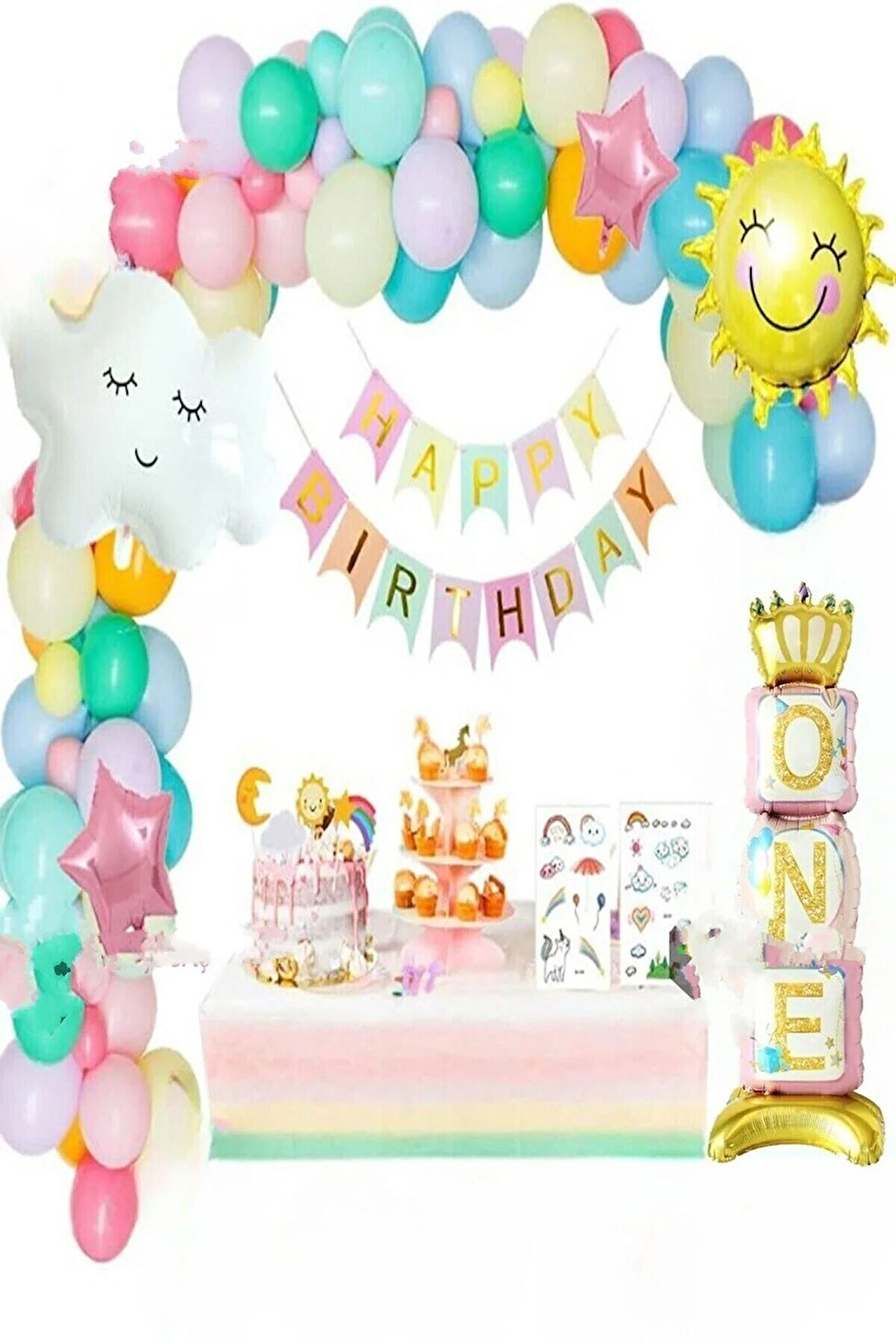 Doğum Günü Ayaklı One Pembe Folyolu, Güneş Bulutları Gökkuşağı Balon Parti Seti