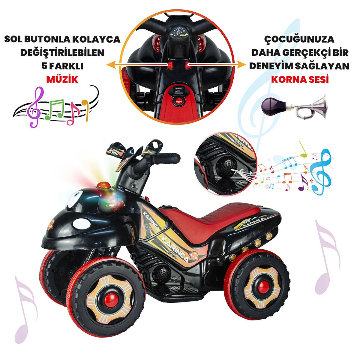 Uj Toys Müzikli ve Led Işıklı Akülü Atv 6V Karınca-Siyah