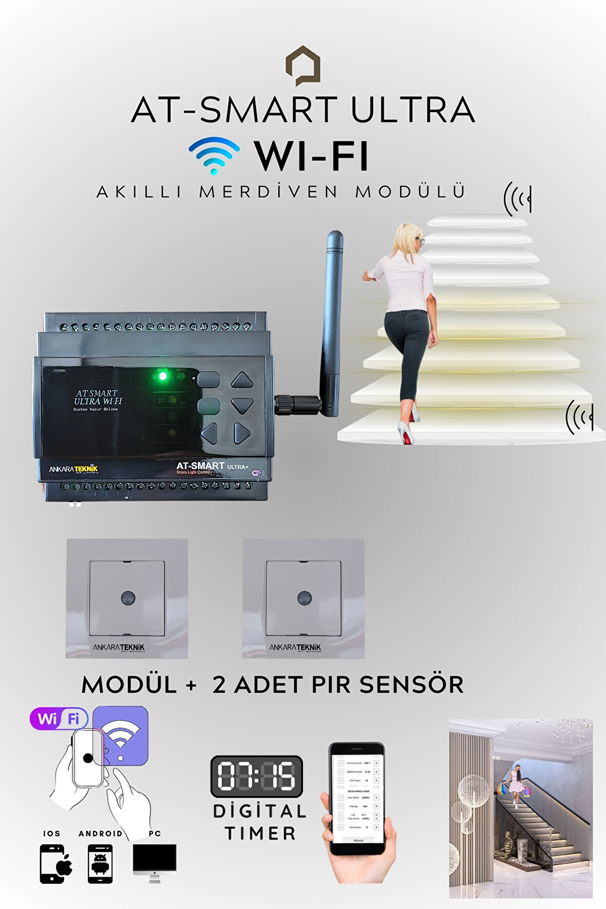 20 Kanal AT-Smart Ultra WIFI Akıllı Merdiven Modülü+2 Adet PIR Sensör