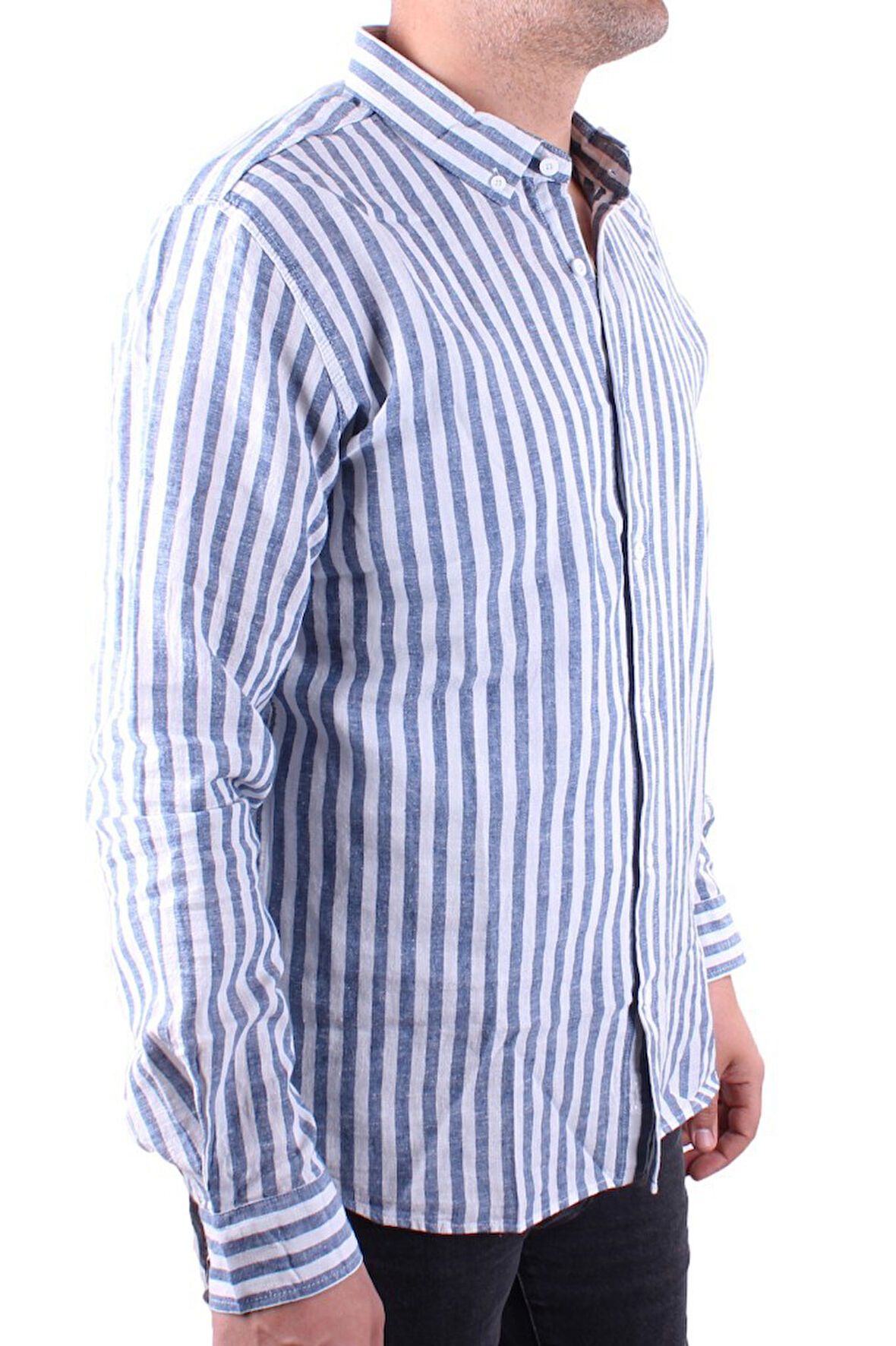 Twister 1905 Lacivert Çizgili Uzun Kol Günlük Pamuk Karışımlı Keten Erkek Gömlek