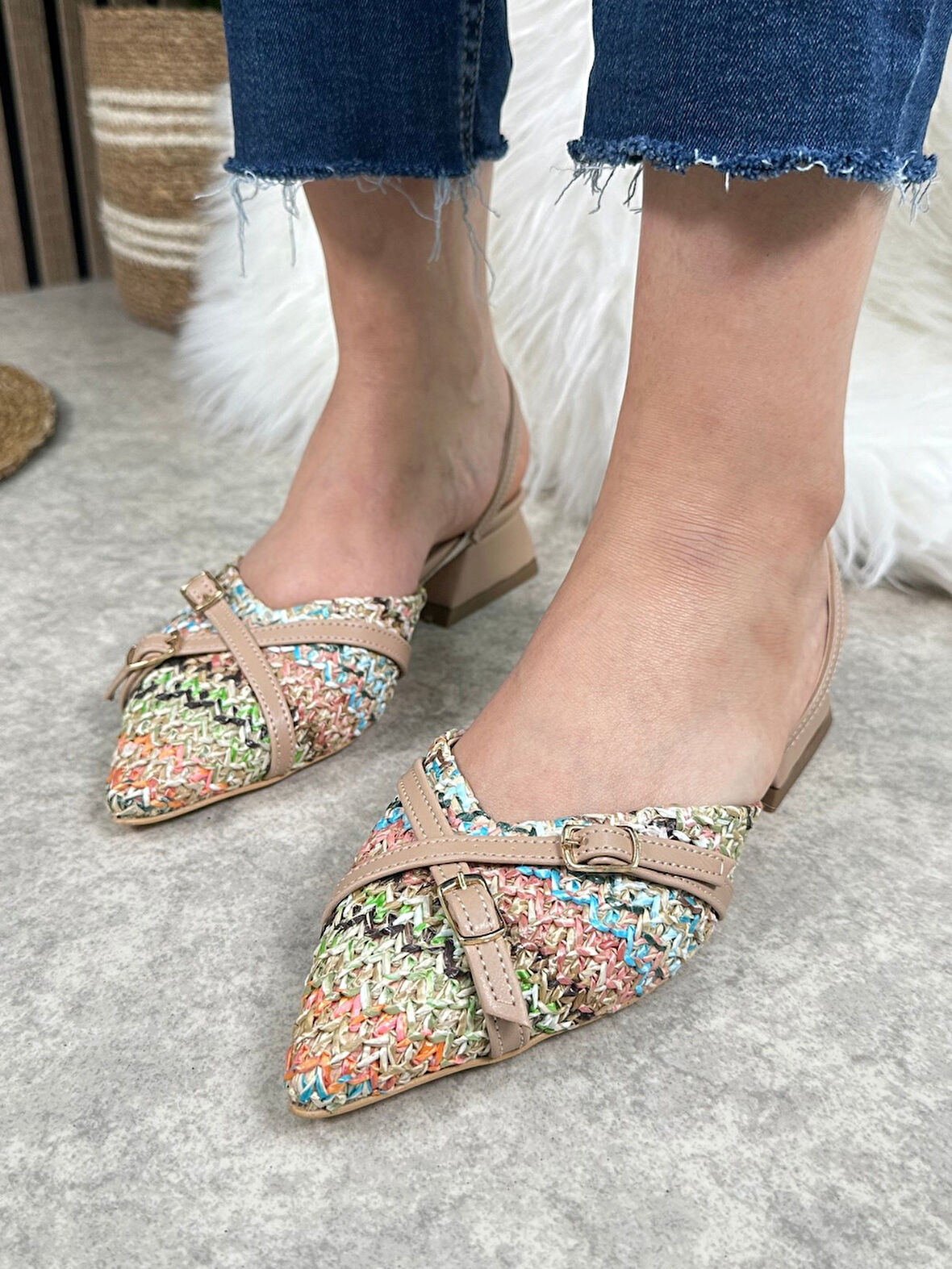 Günlük Kadın Abiye Kalın Kısa Topuklu Renkli Çift Şerit Örme Hasır Ayarlanabilir Tokalı Ayakkabı 457