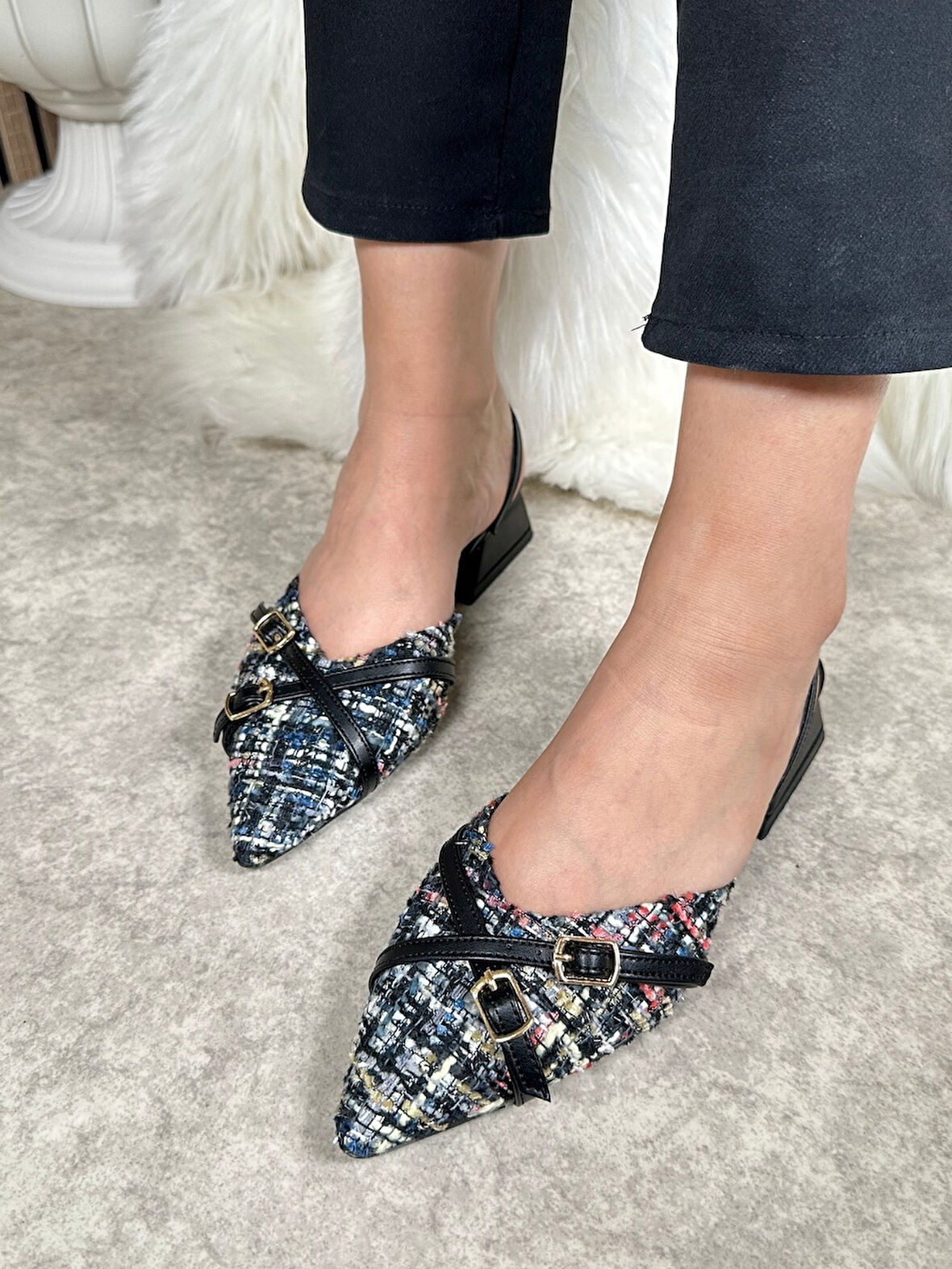 Günlük Kadın Abiye Kalın Kısa Topuklu Renkli Çift Şerit Örme Hasır Ayarlanabilir Tokalı Ayakkabı 457