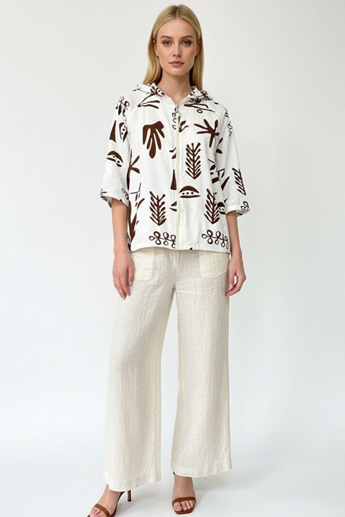 Kadın Krem Kahverengi Desenli Fermuarlı Oversize Cepli Kapüşonlu Pamuklu Hırka-Ceket - Kadın Ceket