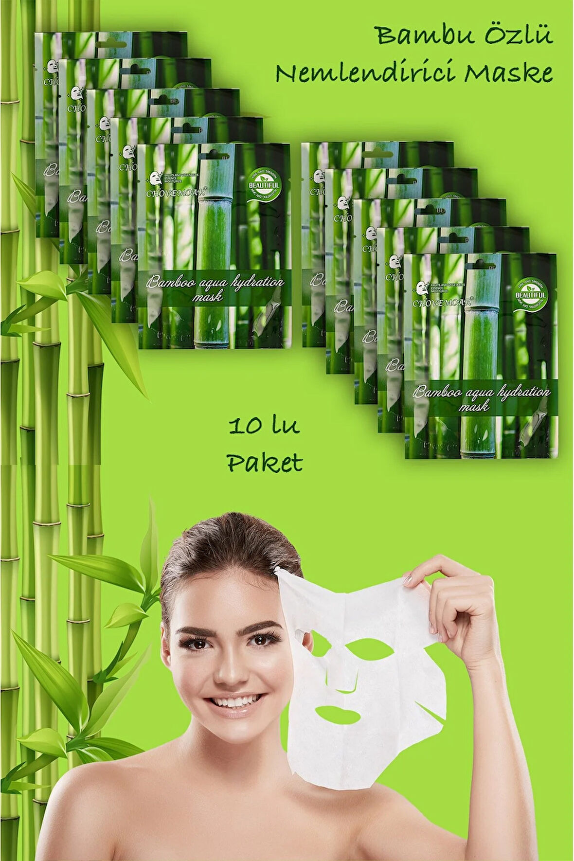 10 Adet Bambu Öz Yaprağı Yüz Maskesi Aqua Hydration Mask Bambusa Vulgaris XLM92