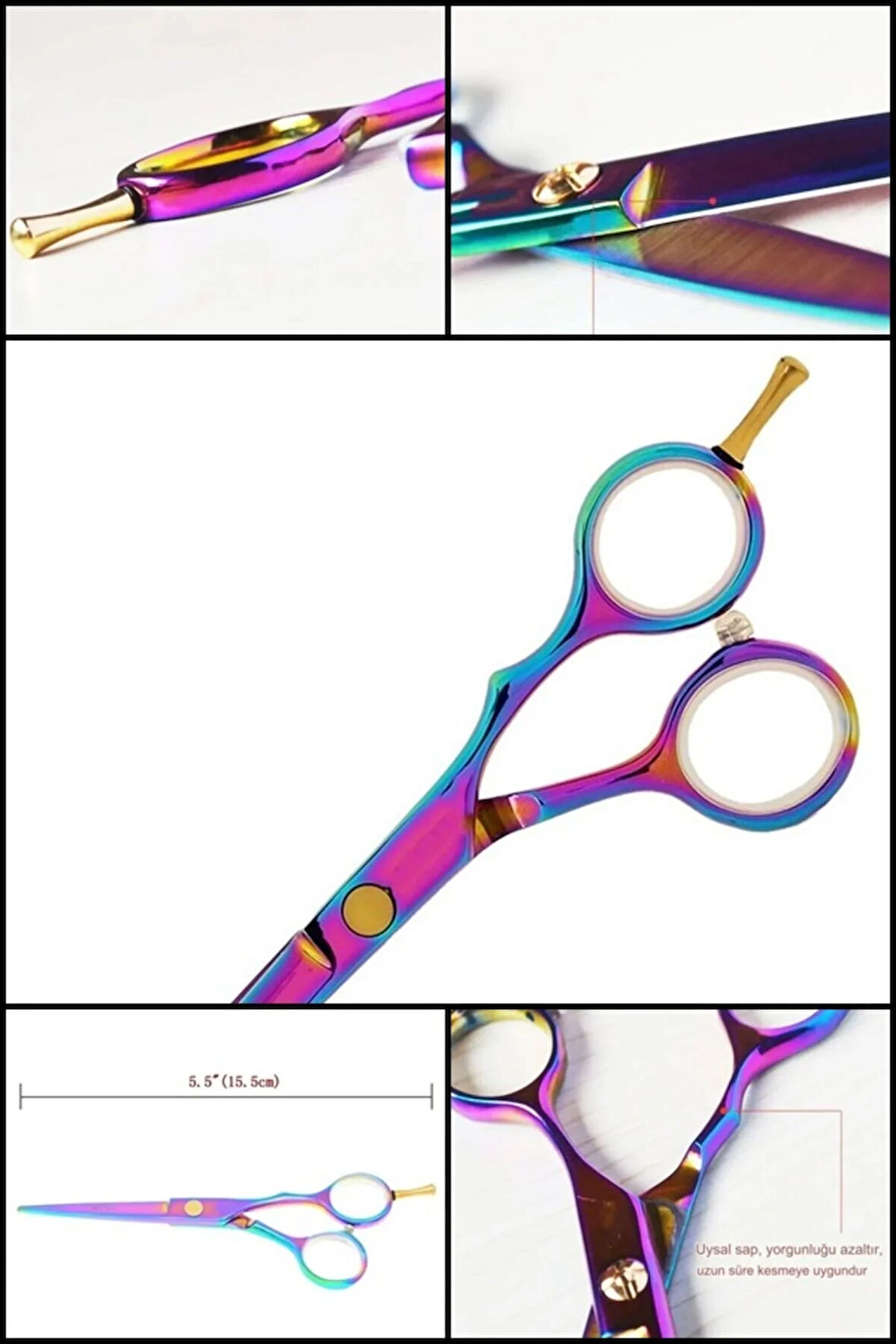 Rainbow Parmak Vidalı Gökkuşağı Düz Uçlu Saç Kesim Makası 5.5 inç Berber Makası XLQ576B