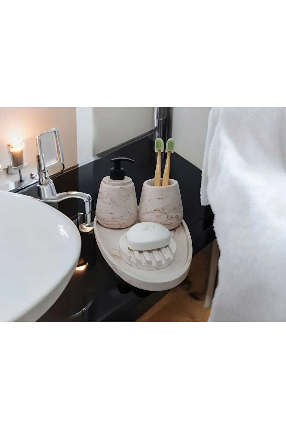 4'lü Mermer Desenli Beton Banyo Seti , Sıvı Sabunluk Diş Fırçalığı Aksesuar