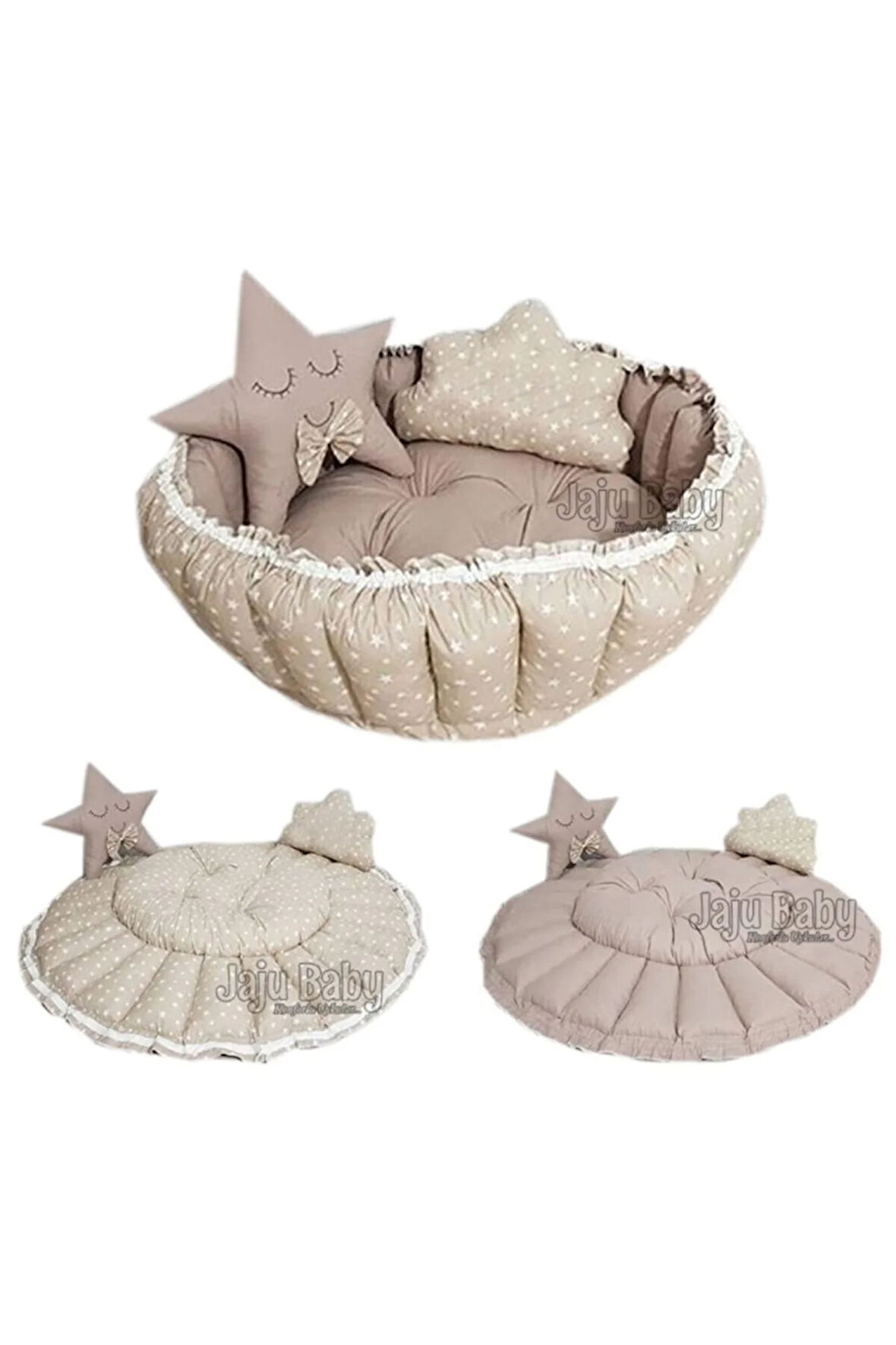 Kahve Yıldızlı Açılır Kapanır Oyun Minderi Bebek Yuvası Jaju-babynest Anne Yanı