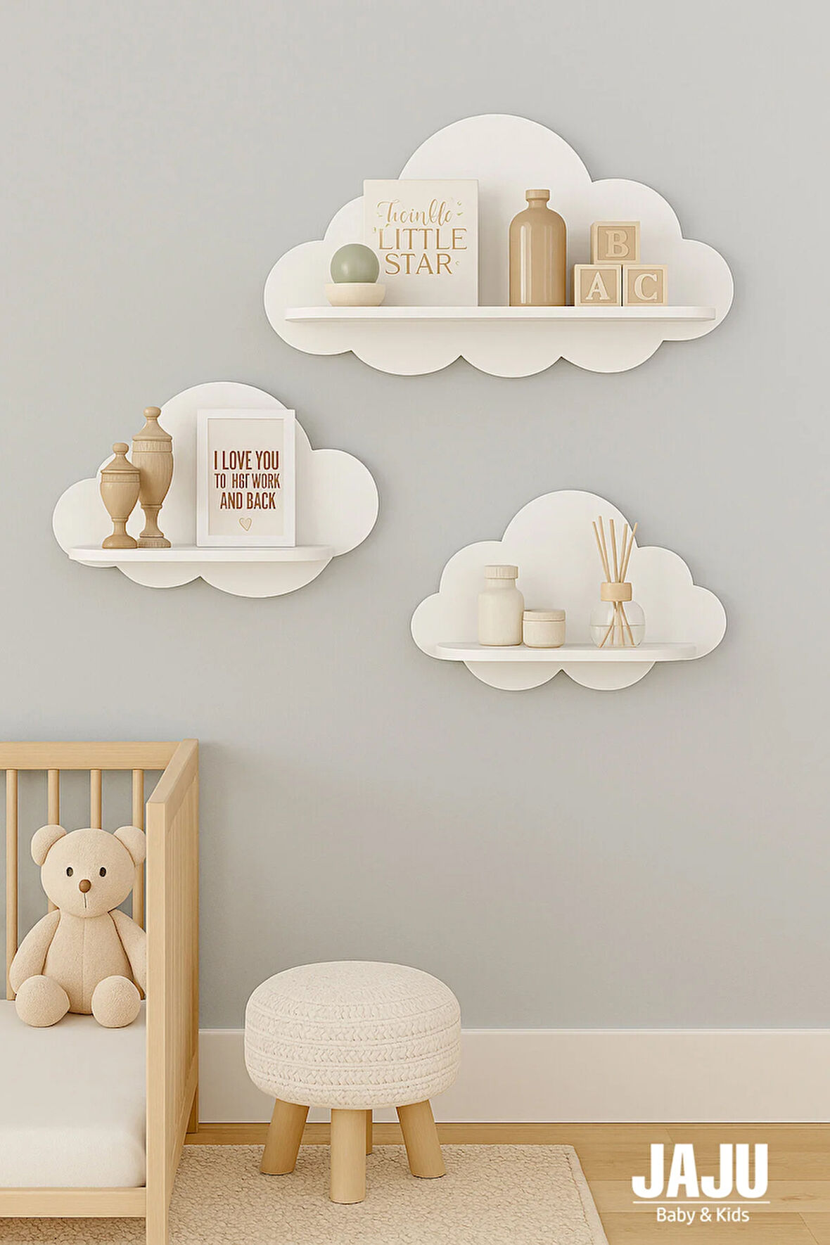 3'lü Beyaz Bulut Raf Set Çocuk Ve Bebek Odası Aksesuar Raf