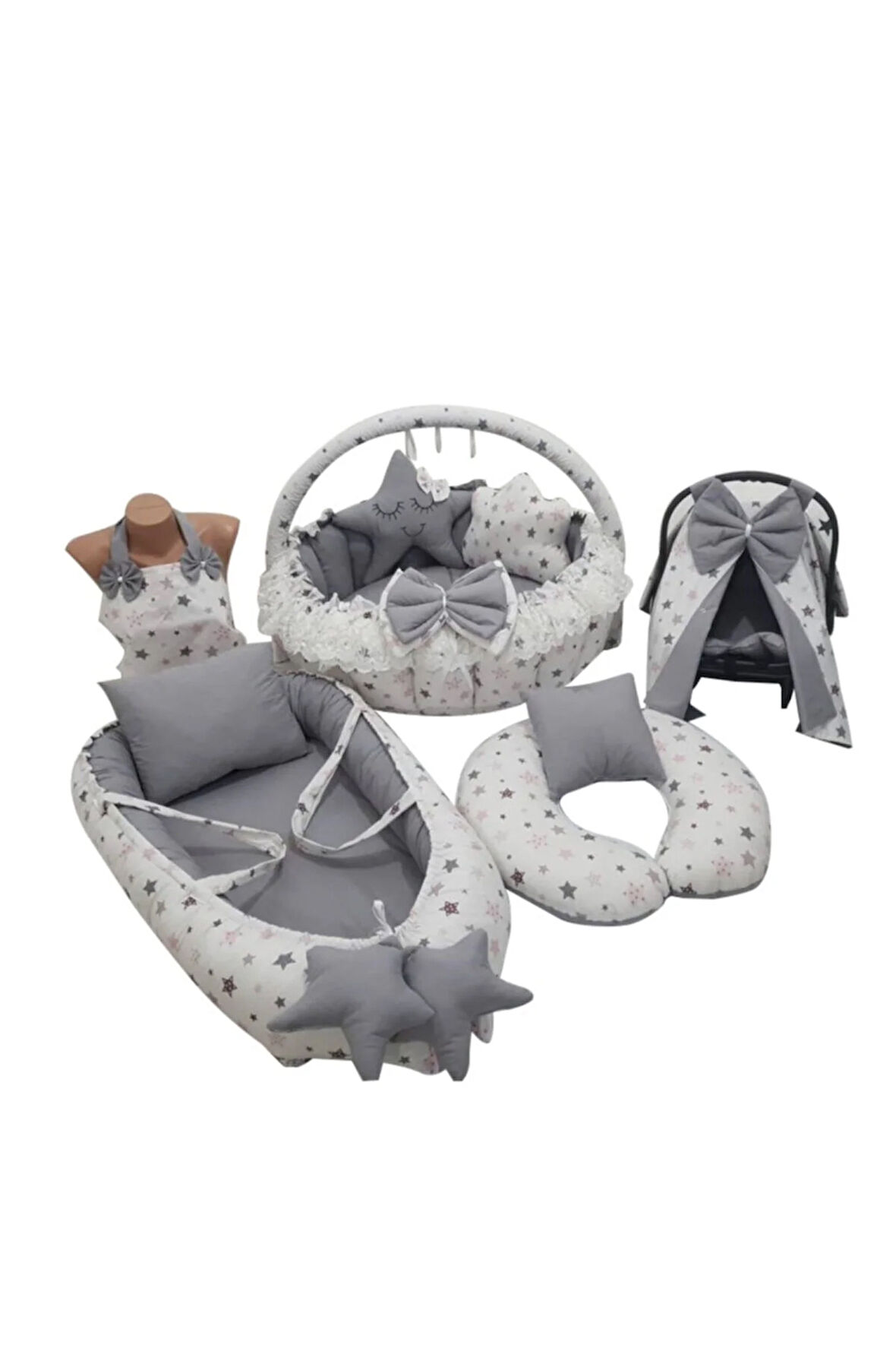 Gri Yıldızlı Tasarım Babynest Lüx Oyun Minderi 11 Parça Set