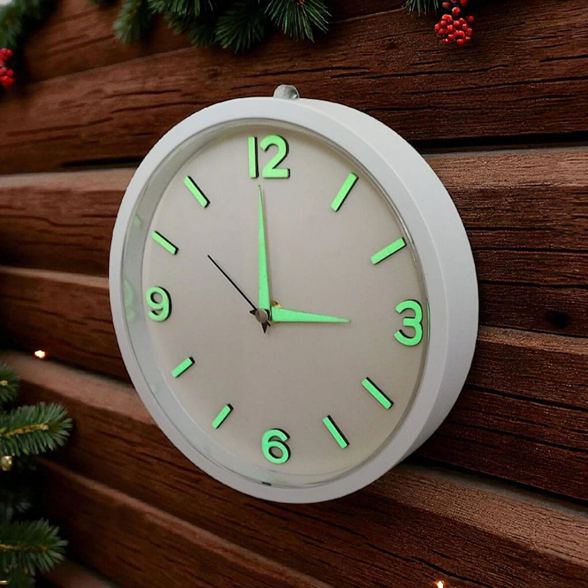 Fosforlu Duvar Saati Kabartma Rakam Küçük Saat Çap 22 Cm Beyaz