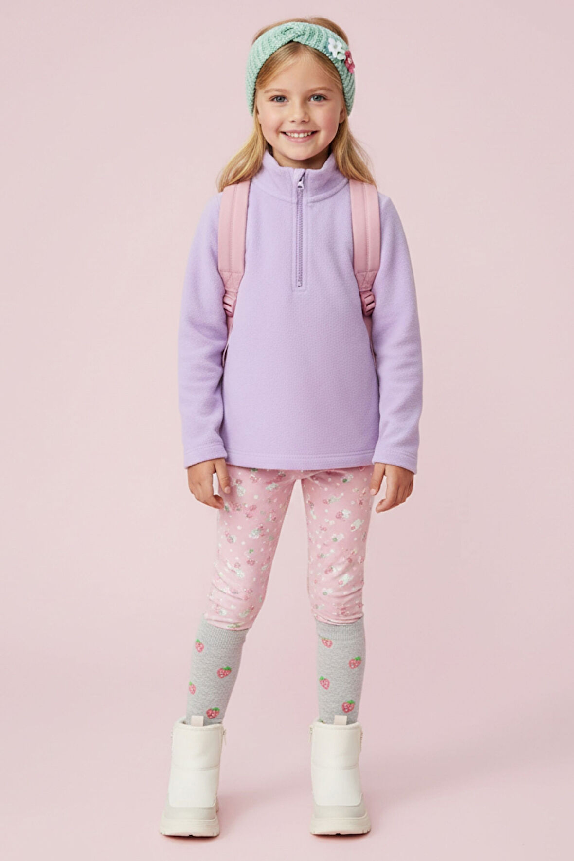 Kız Çocuk Uzun Kollu Mor Dik Yaka Yarım Fermuarlı Polar Üst - Kız Çocuk Sweatshirt, Kız Çocuk Polar