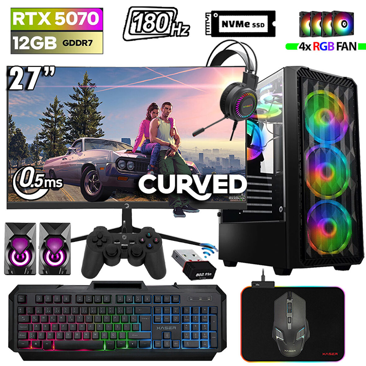 Xaser Thunder x520 Ryzen 5 7500F 32GB DDR5 Ram 2TB M.2 NVMe SSD 12GB RTX5070 27" 180Hz Oyuncu Bilgisayarı