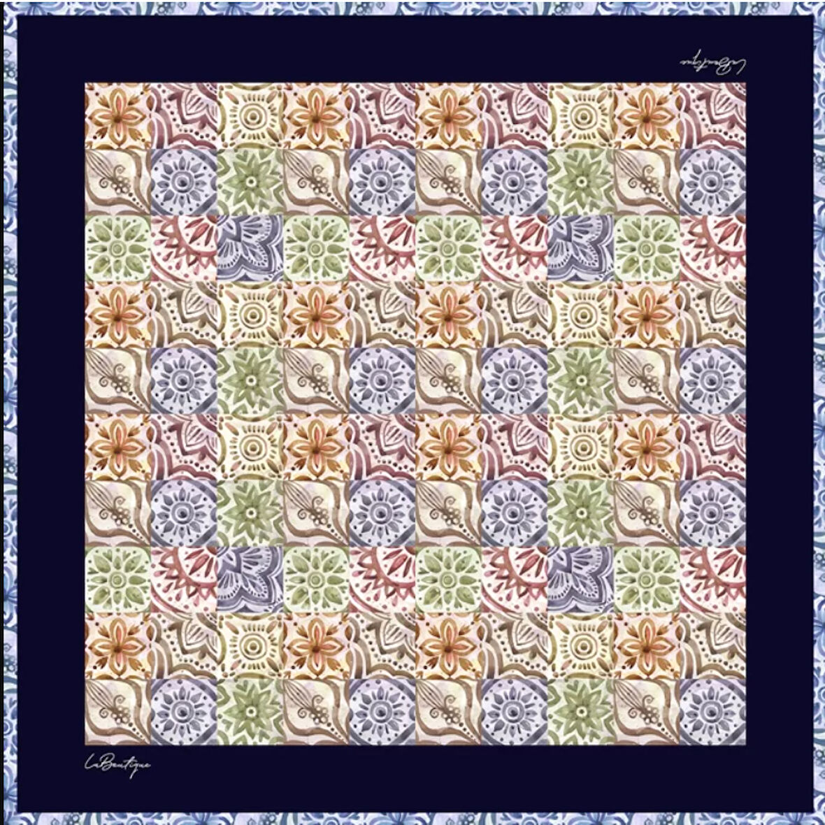 La Boutique Tivil İpek Eşarp 2105 - 06 Lacivert Karışık Desen