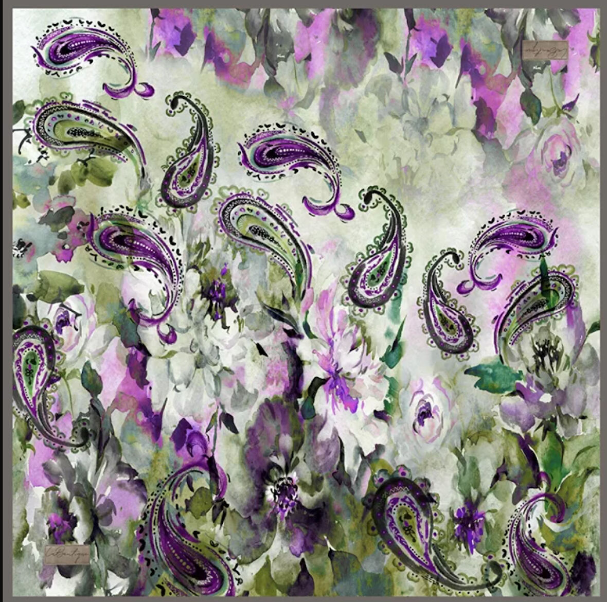 La Boutique Tivil İpek Eşarp 2124 - 03 Mor - Yeşil Karışık Desen