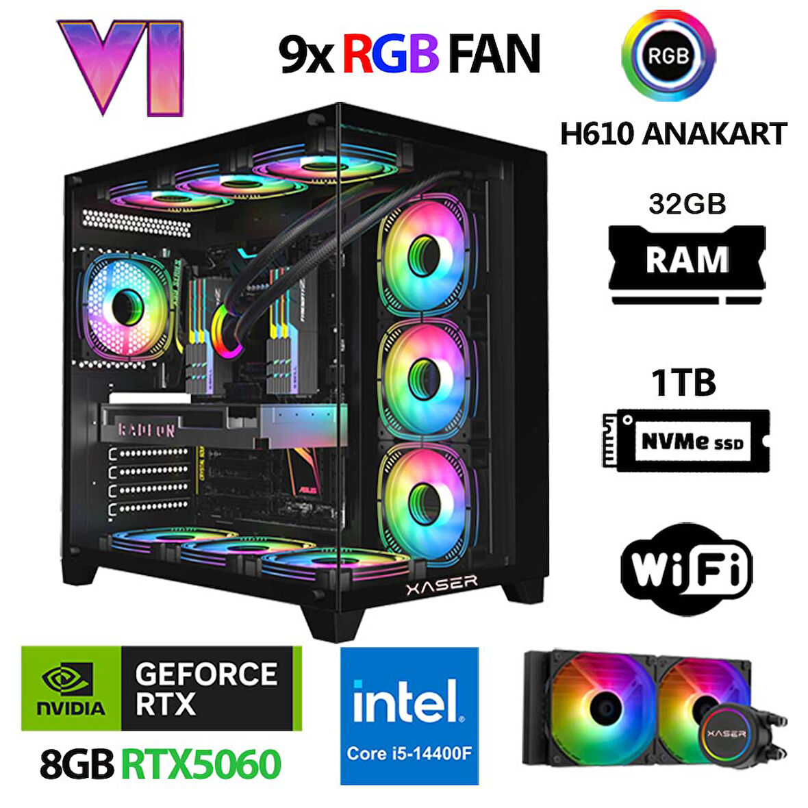 Xaser Sword X170 i5 14400F 32GB Ram 1TB M.2 NVMe SSD 8GB RTX5060 Sıvı Soğutmalı Masaüstü Oyuncu Bilgisayarı