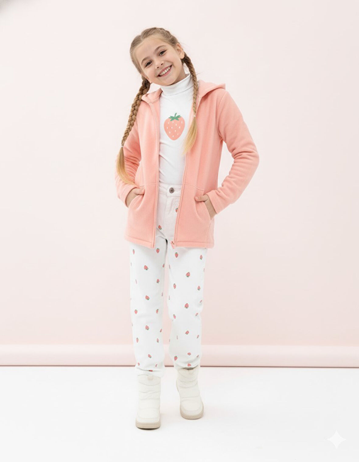 Kız Çocuk Pudra Polar Kapüşonlu Hırka Fermuarlı Uzun Kollu Yumuşak Çocuk Ceketi - Kız Çocuk Hırka