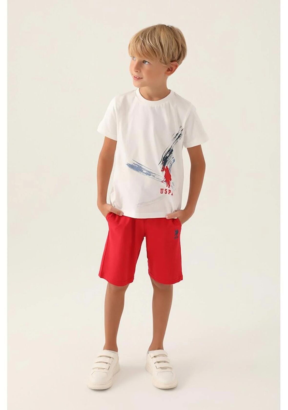 U.S Polo Assn 1750 Erkek Çocuk Bermuda Pijama Takım Krem V1