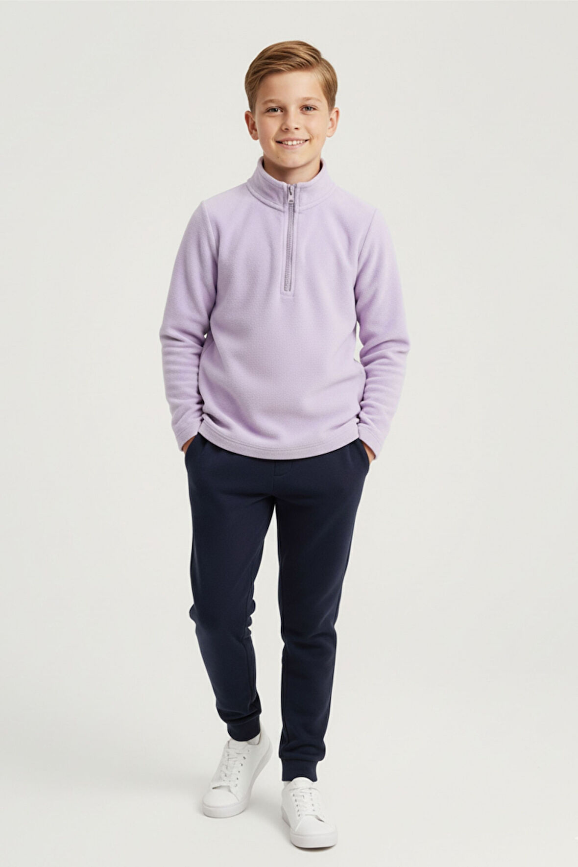 Erkek Çocuk Uzun Kollu Mor Dik Yaka Yarım Fermuarlı Polar Üst-Sweatshirt - Erkek Çocuk Polar