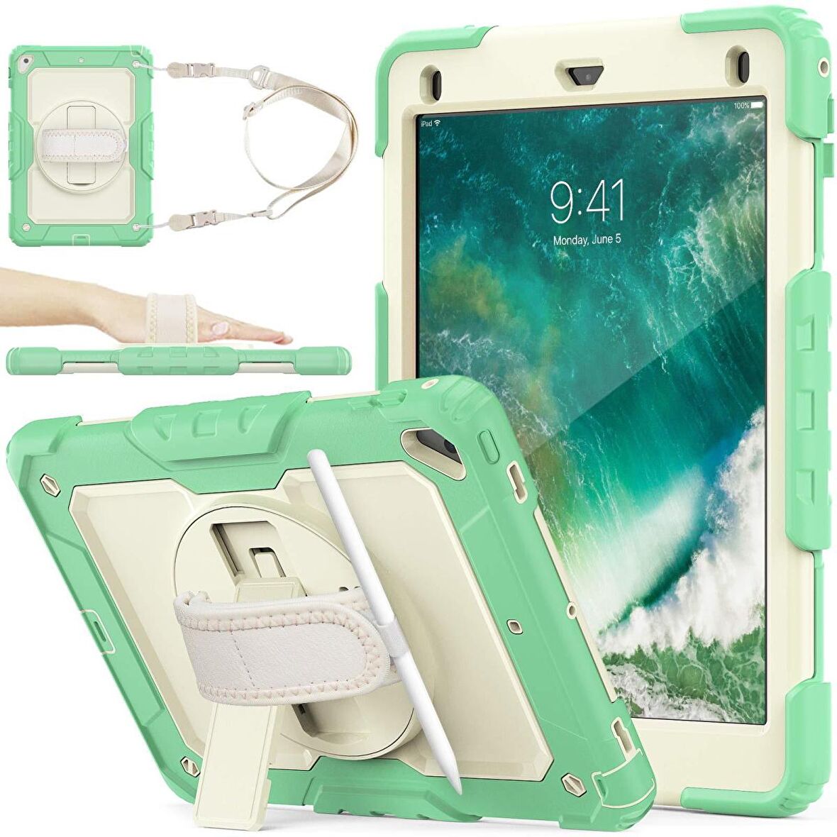 Apple iPad 5. 6. Nesil 2017 2018 9.7" inch Strap Tablet Kılıfı Ekran Koruyuculu Kalemlikli 360°Döner Darbeye Dayanıklı