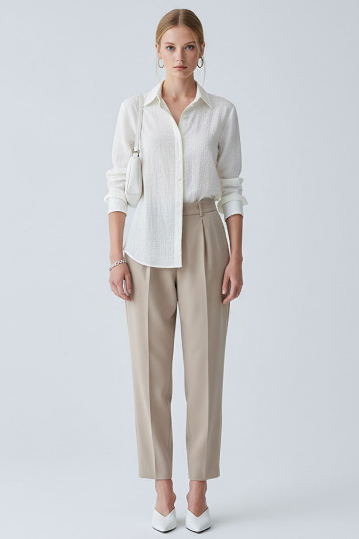 Kadın Beyaz Keten  Klasik Regular Fit Gömlek Yaka Düğmeli Uzun Kollu Zarif Gömlek – Kadın Gömlek