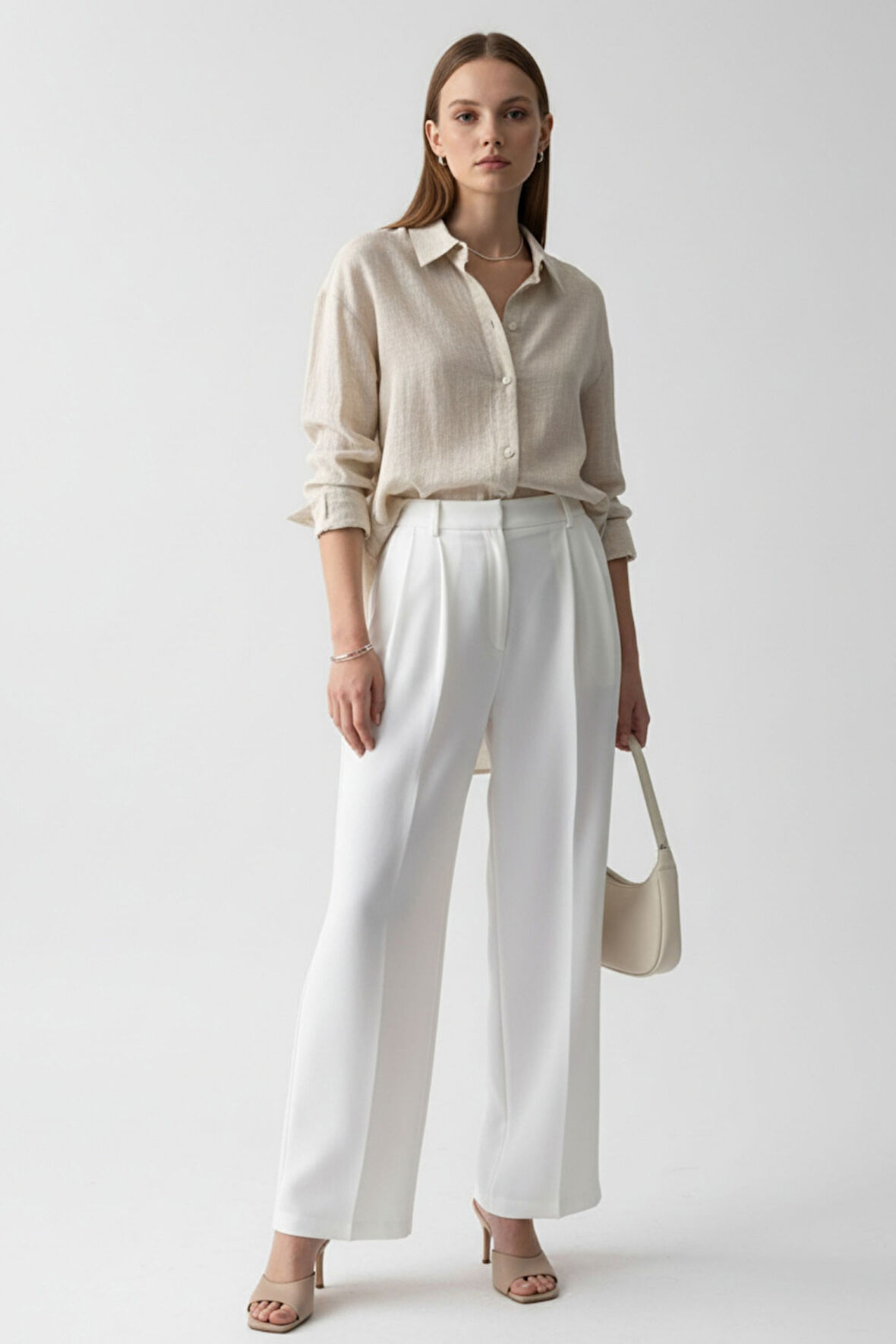 Kadın Bej Keten Klasik Regular Fit Gömlek Yaka Düğmeli Uzun Kollu Zarif Şık Gömlek – Kadın Gömlek