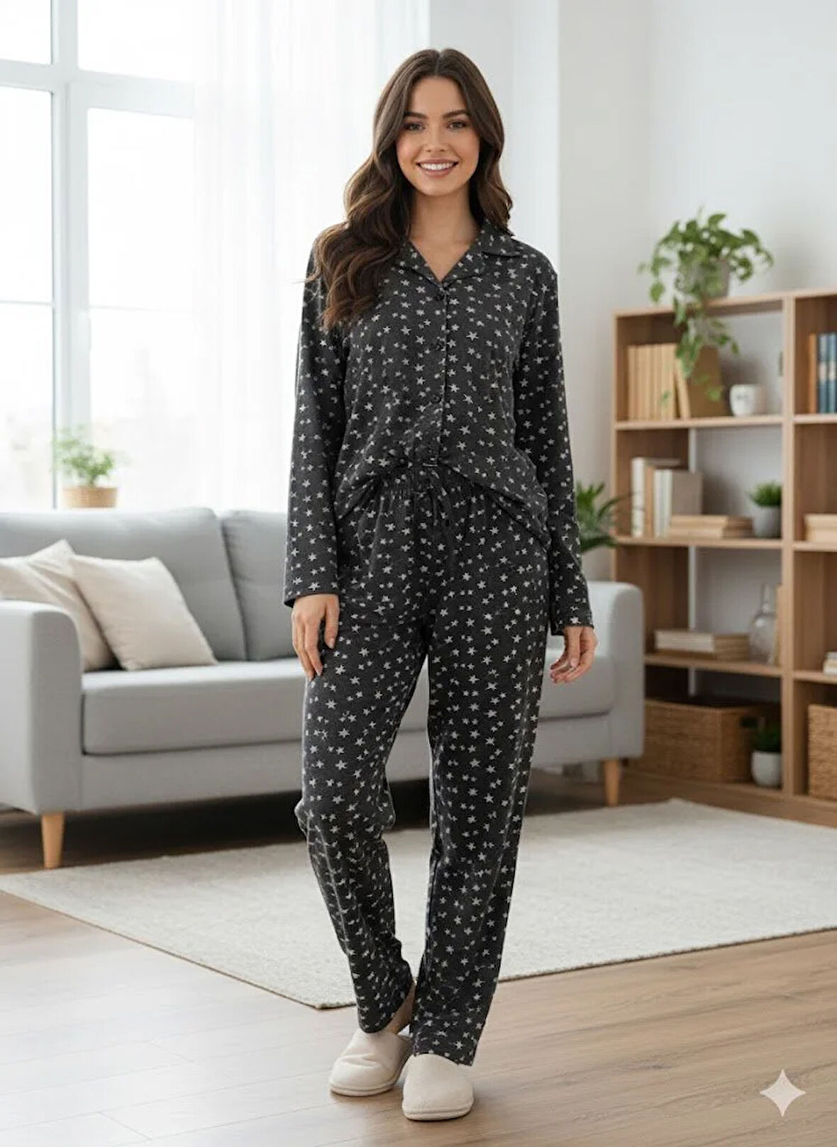 KADIN YILDIZ DETAYLI DÜĞMELİ PİJAMA TAKIM
