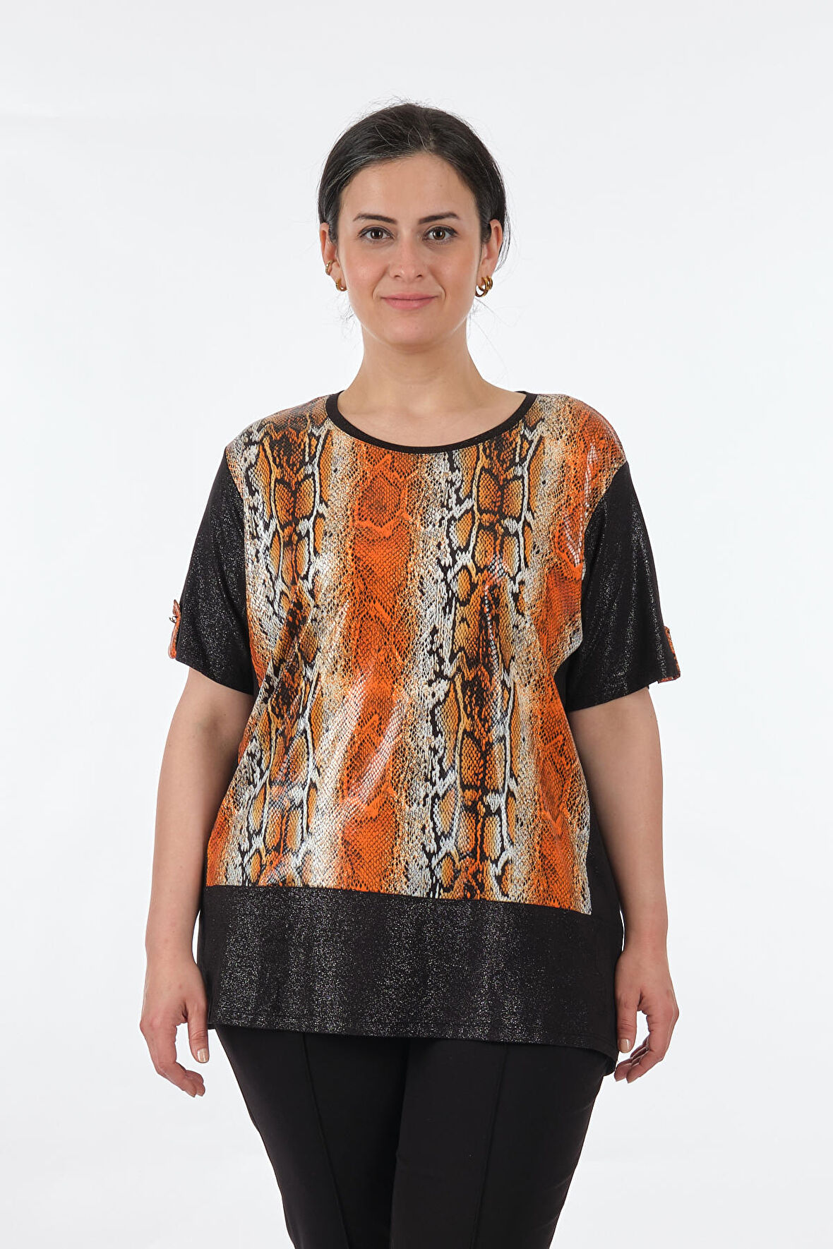 Twomail Yuvarlak Yaka Büyük Beden Kısa Kollu Portakal Kadın T-Shirt MY2150P10777