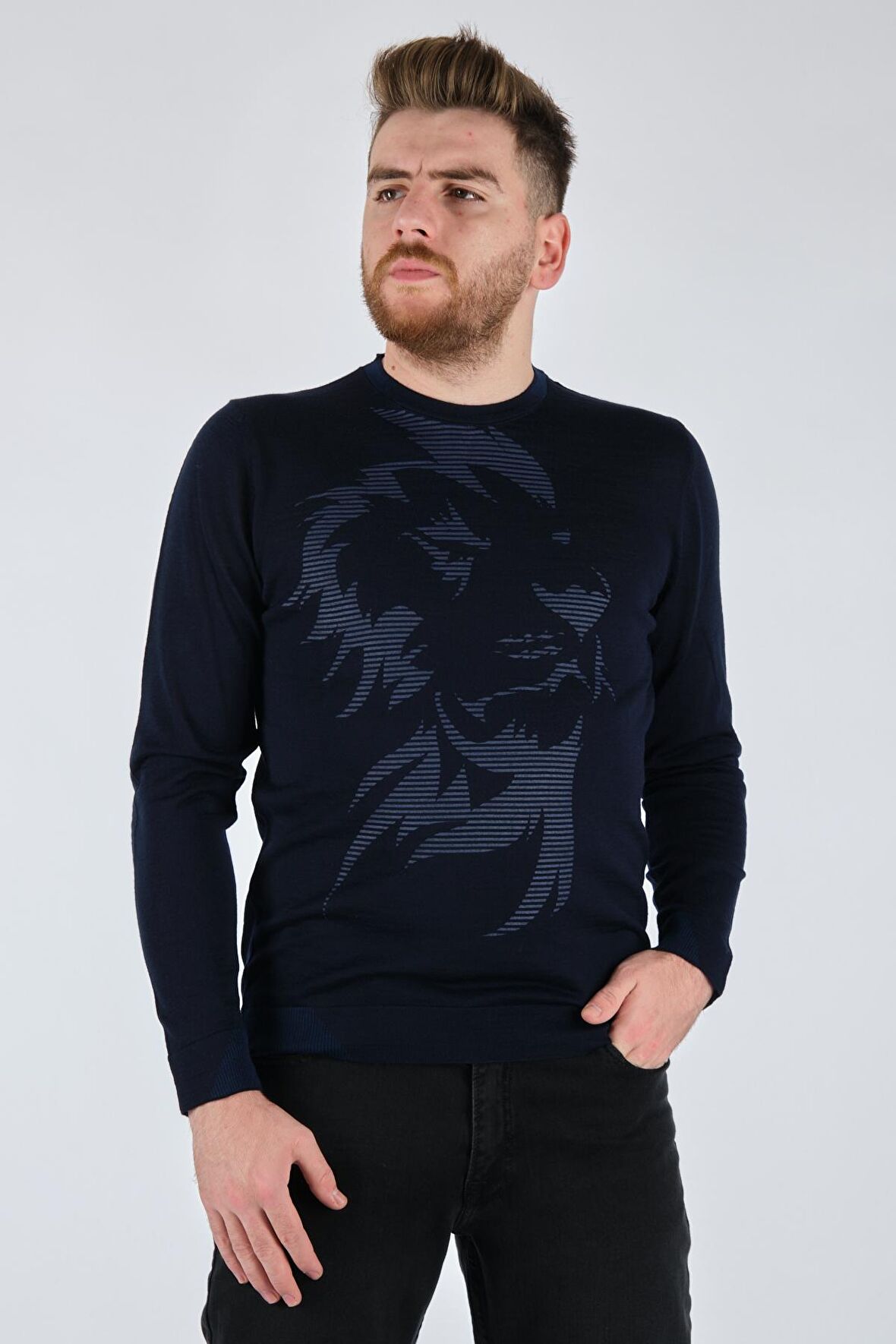 ECER BİSİKLET YAKA DESENLİ UZUN KOL LACİVERT ERKEK TRİKO 77722123