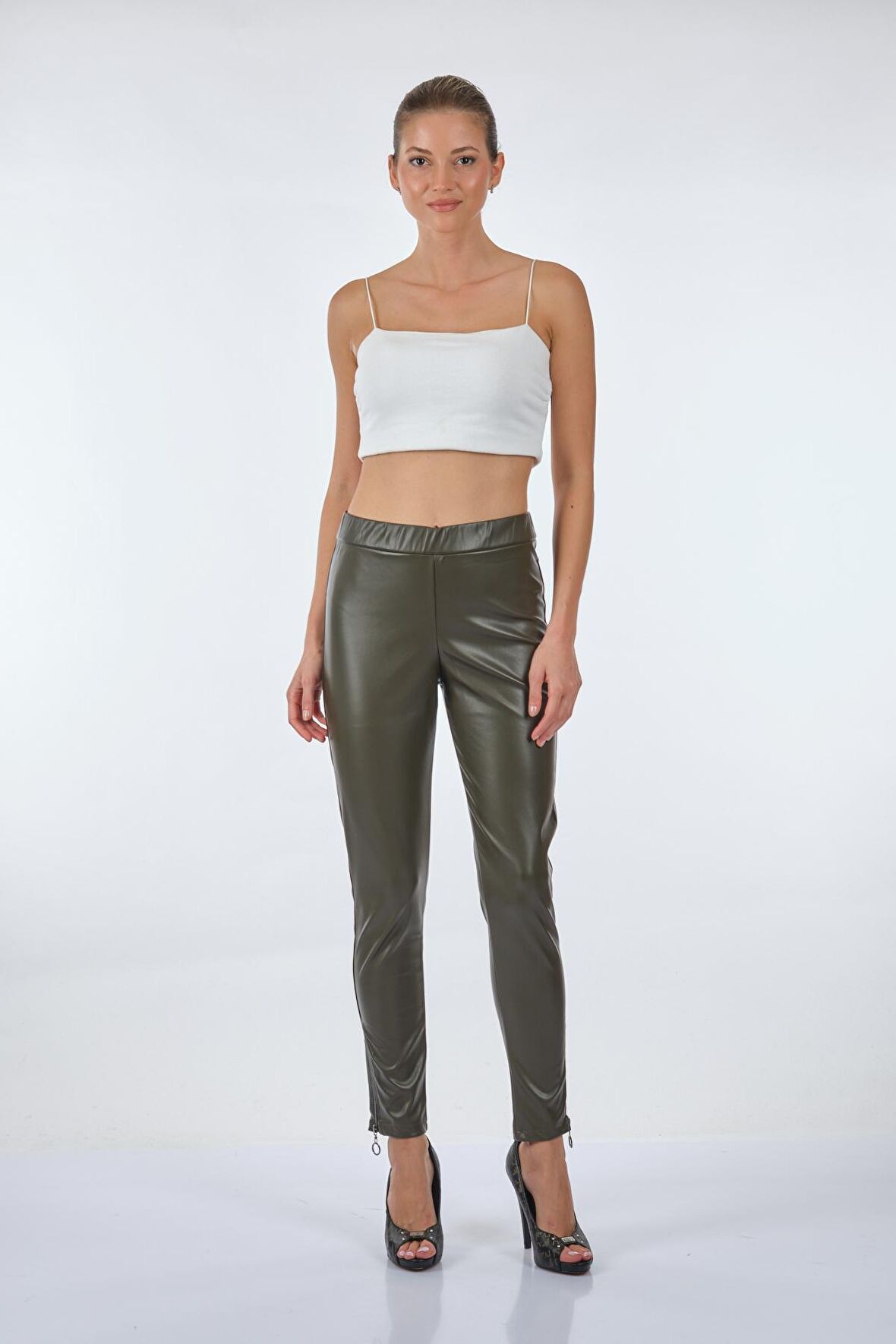 Vedi Dar Paça Yüksek Bel Lastikli Haki Kadın Tayt 22233416