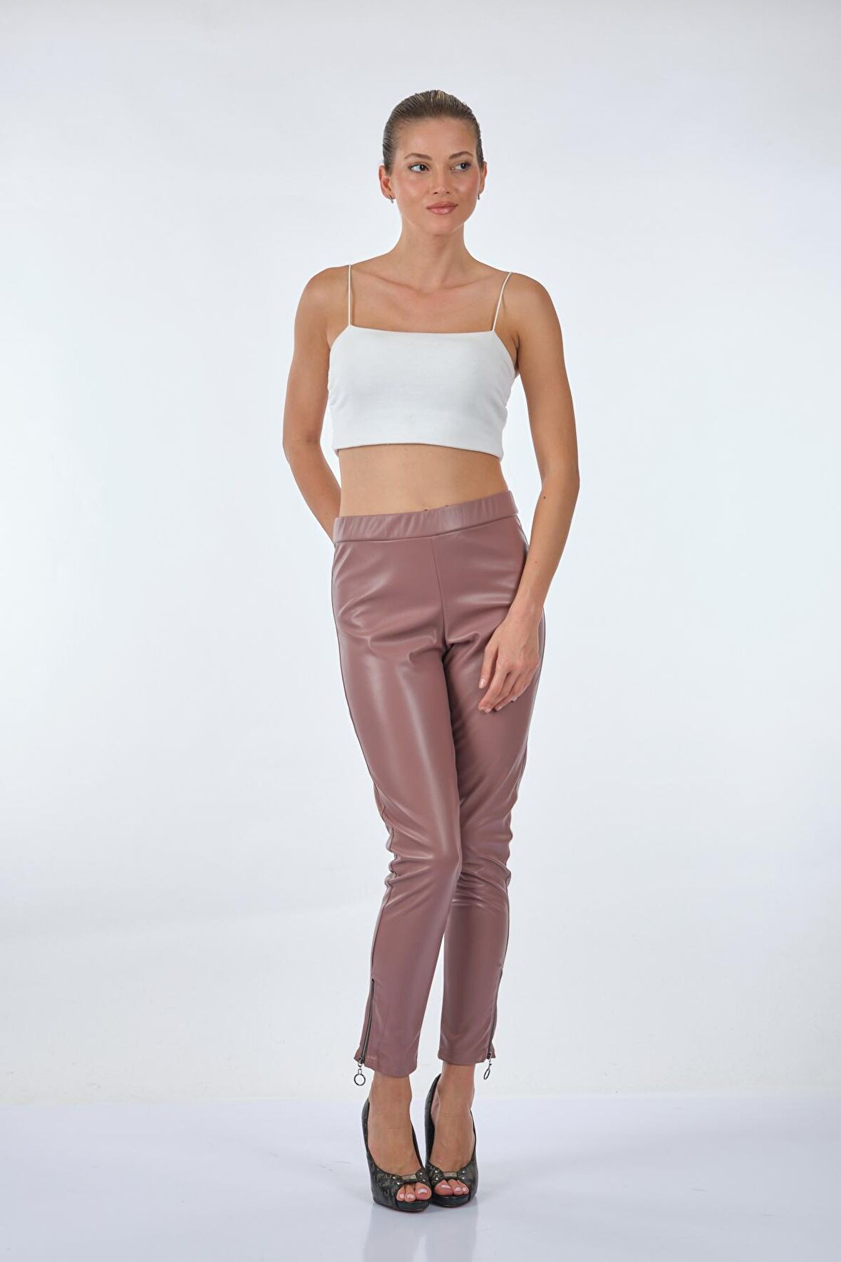 Vedi Dar Paça Yüksek Bel Lastikli Pudra Kadın Tayt 22233416