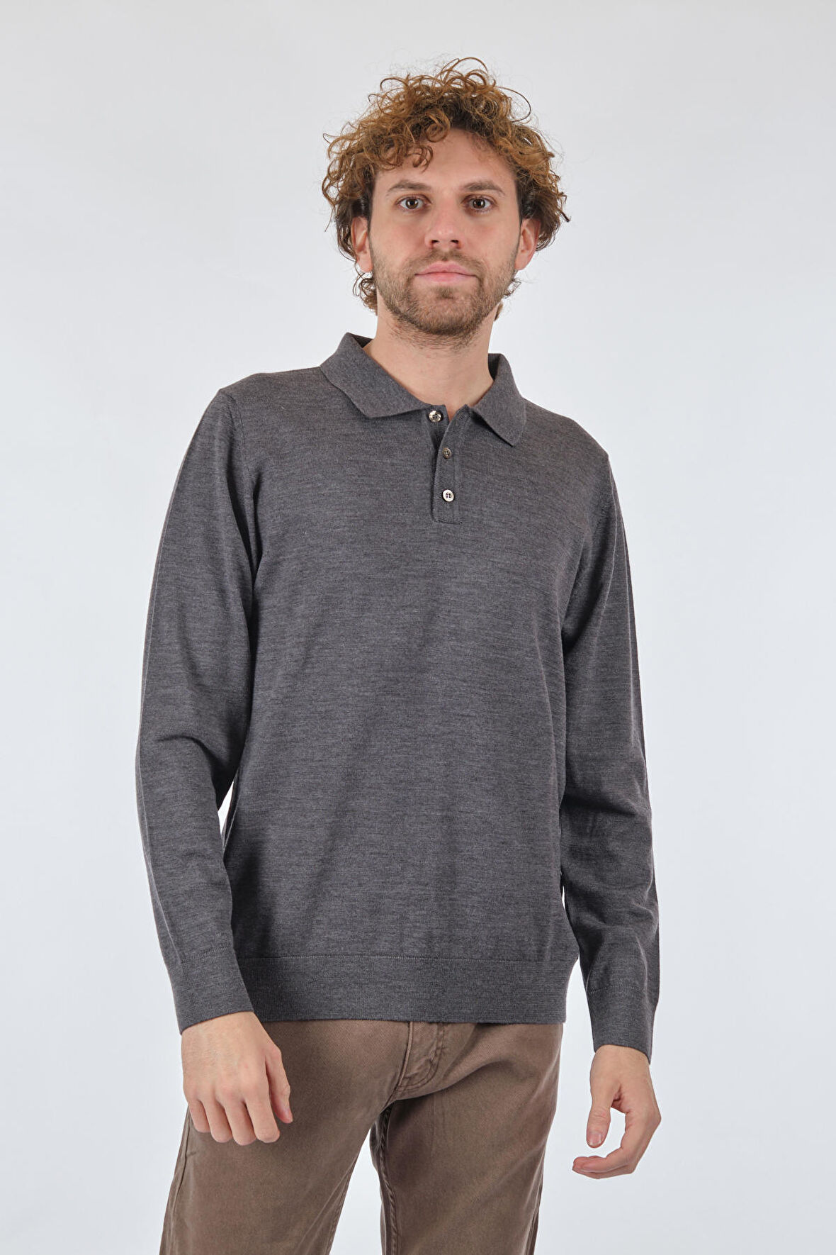 E.Muracchını Gömlek Yaka Düğmeli Uzun Kollu Koyu Füme Erkek Kazak 22503