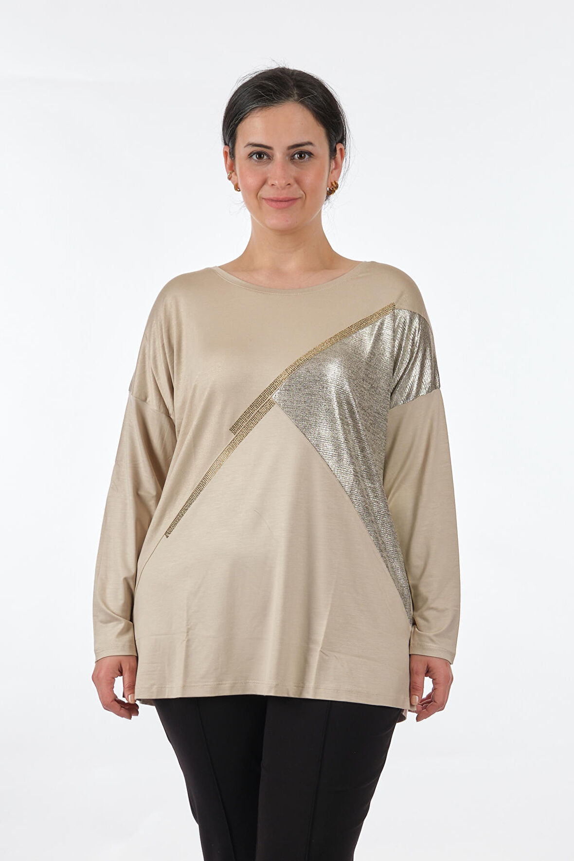 Twomail Yuvarlak Yaka Büyük Beden Uzun Kollu Keten Kadın Bluz MY2150P10758