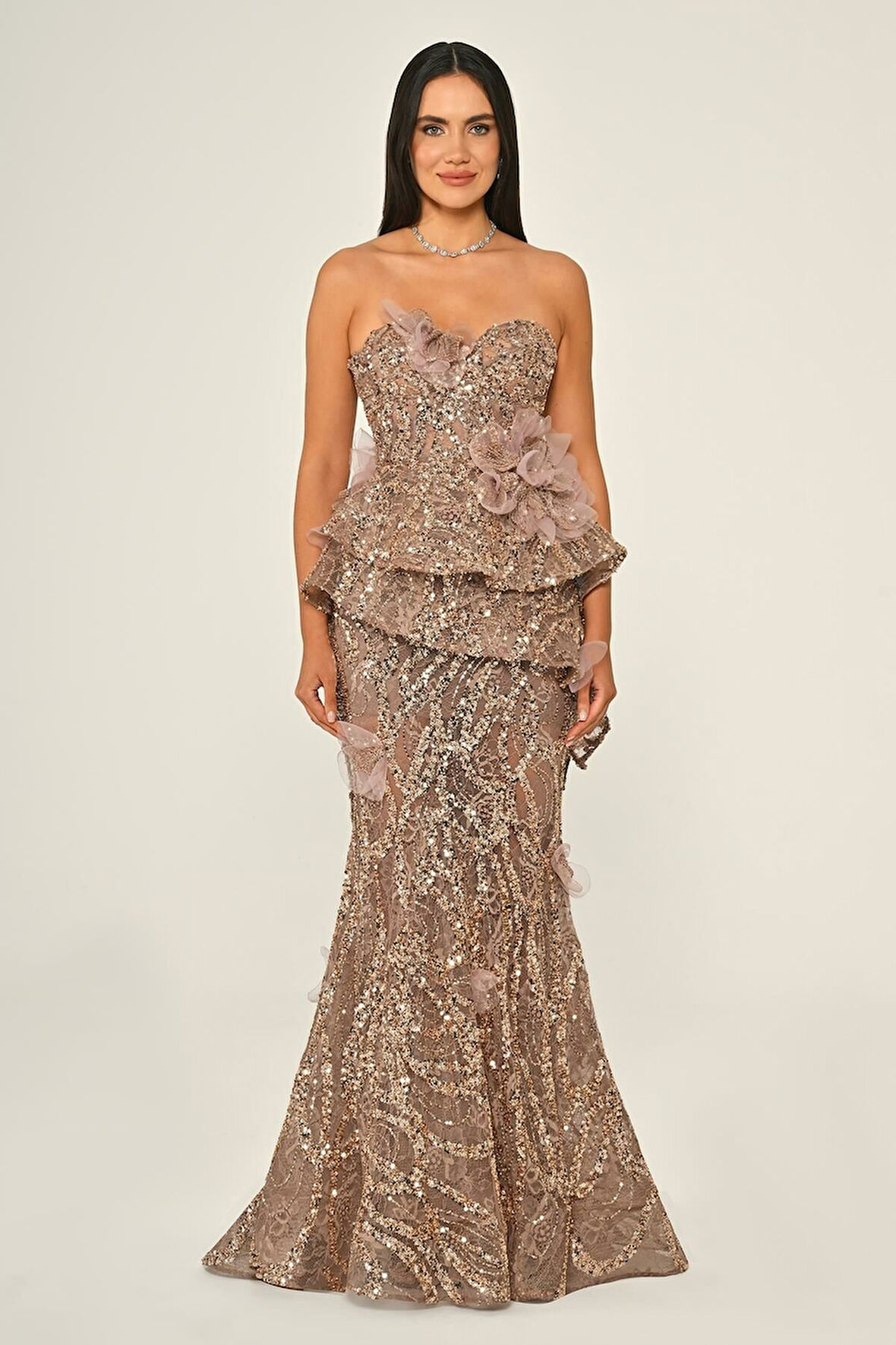 Straplez Volanlı Payet Uzun Abiye Elbise Alfa Beta