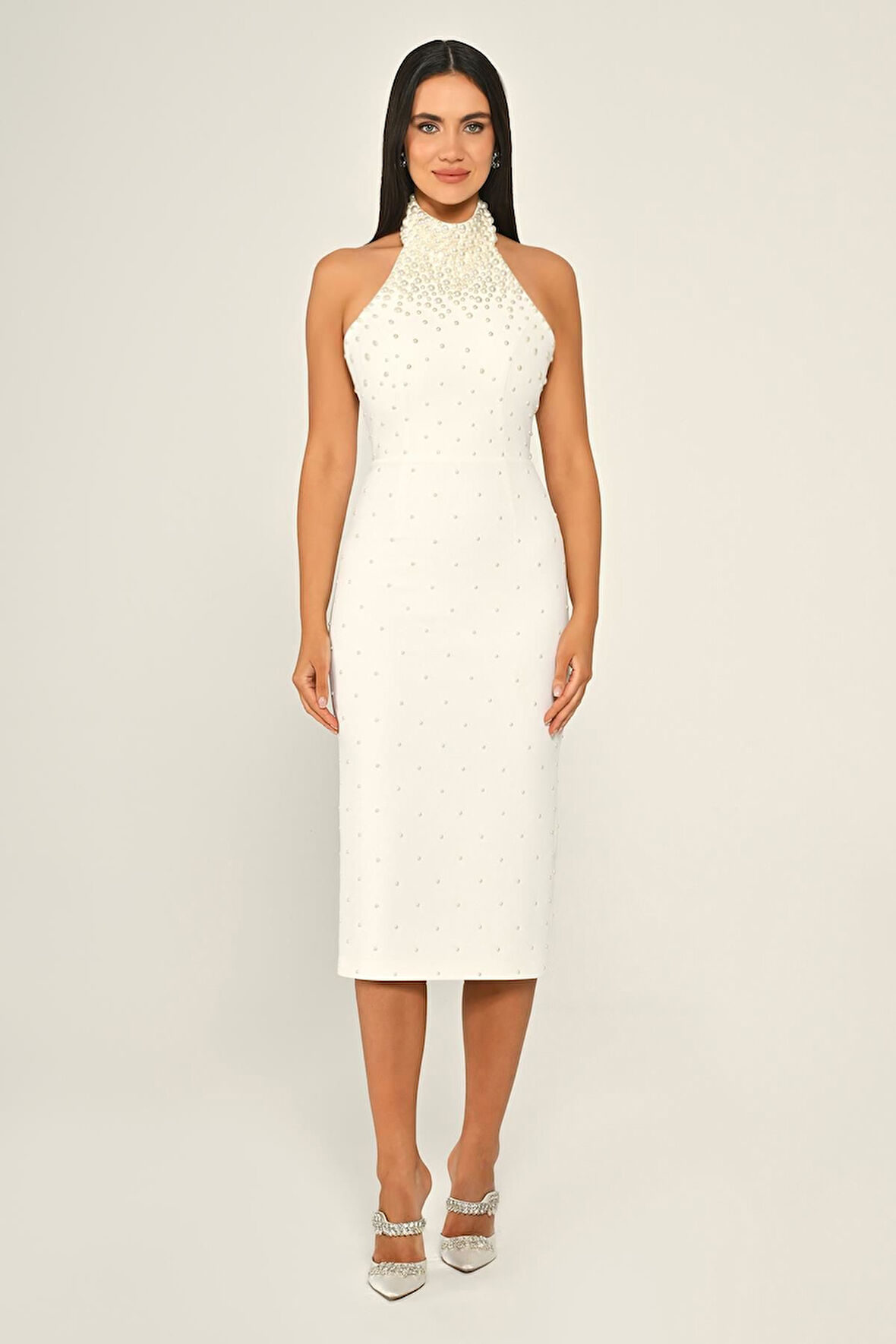 Halter Yaka Boncuklu Krep Midi Abiye Elbise Alfa Beta B7028