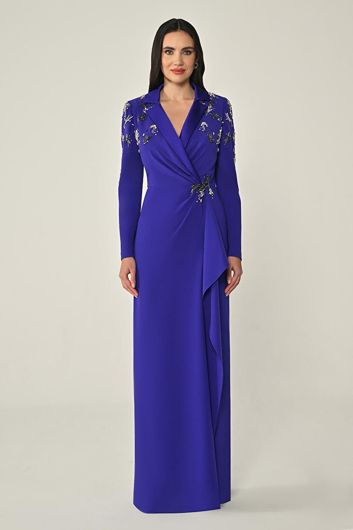 Uzun Kollu Yakası Uzun Krep Abiye Elbise Alfa Beta