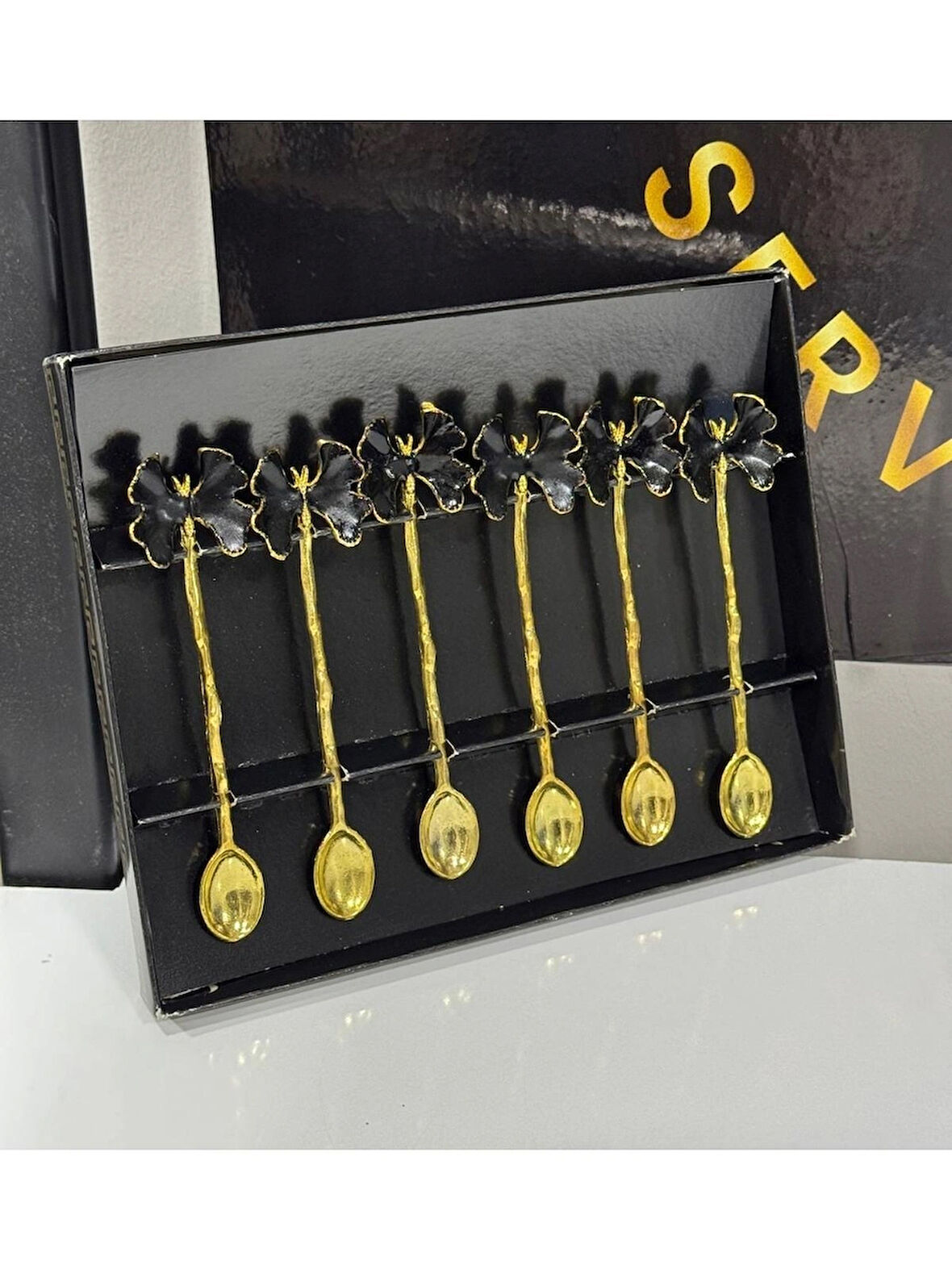 Siyah  Gold Kelebekli Metal Çay Kaşığı 6 Lı