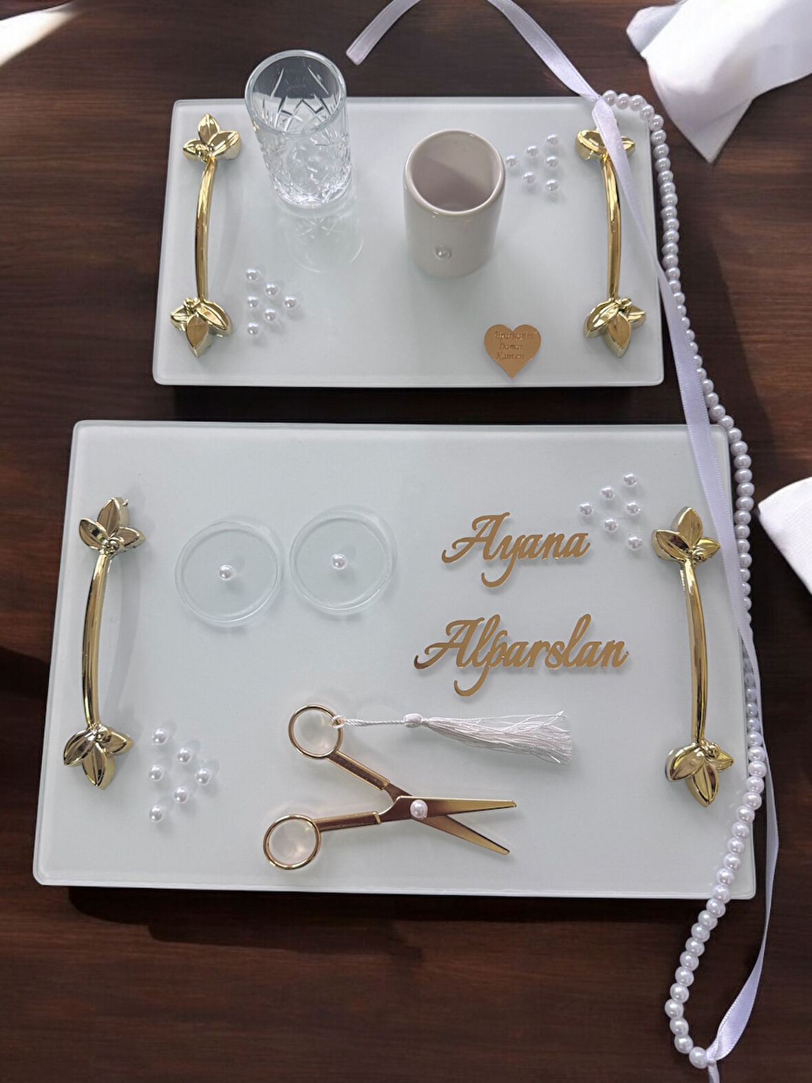 Adore Gold Beyaz İncili Söz Tepsisi Nişan Tepsisi ve Damat Kahve Fincan Tepsisi