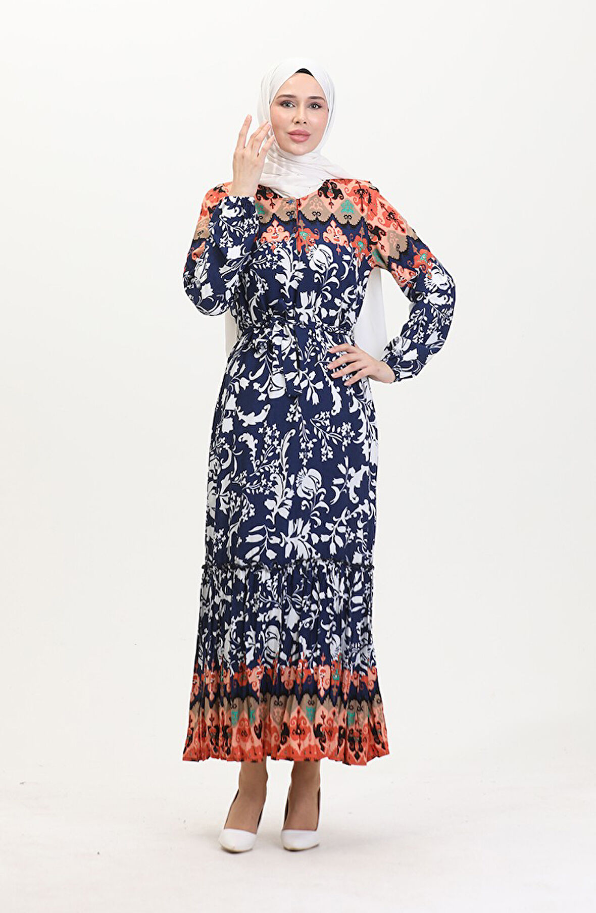 Amelya Farbalı Kuşaklı Viskon Elbise S-M-L-XL Beden