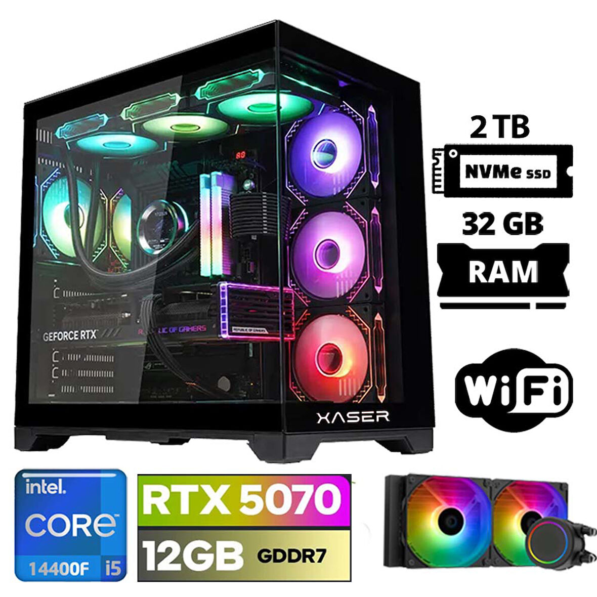 Xaser Lexus x120 i5 14400F 32GB DDR5 Ram 2TB M.2 NVMe SSD 12GB RTX5070 Sıvı Soğutmalı Oyuncu Bilgisayarı