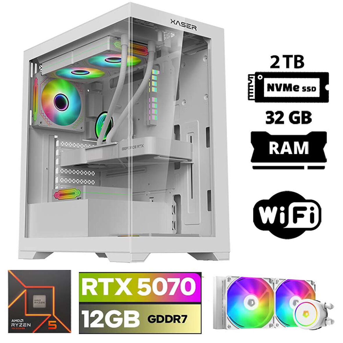 Xaser Lexus x90 Ryzen 5 7500F 32GB DDR5 Ram 2TB M.2 NVMe SSD 12GB RTX5070 Sıvı Soğutmalı Oyuncu Bilgisayarı