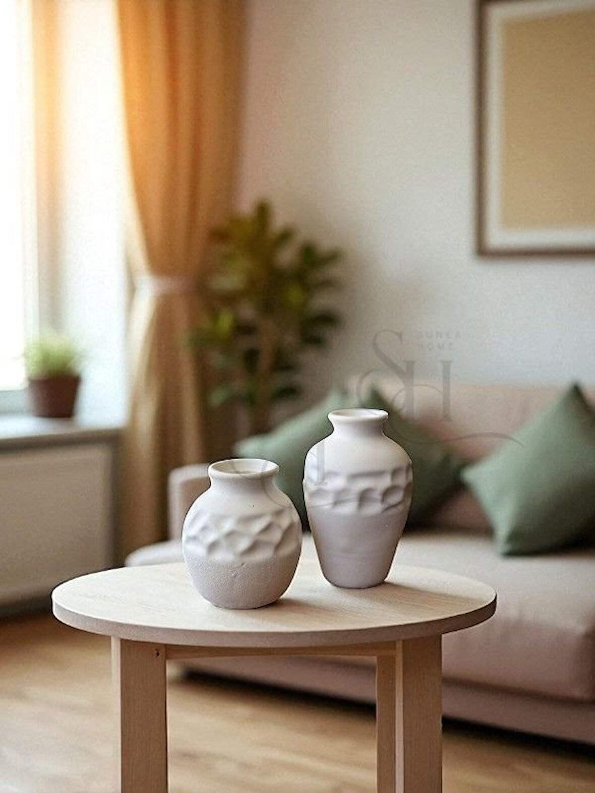 Etnik Desenli 2'li Beton Dekoratif Vazo Set, Dokulu Vazo Set