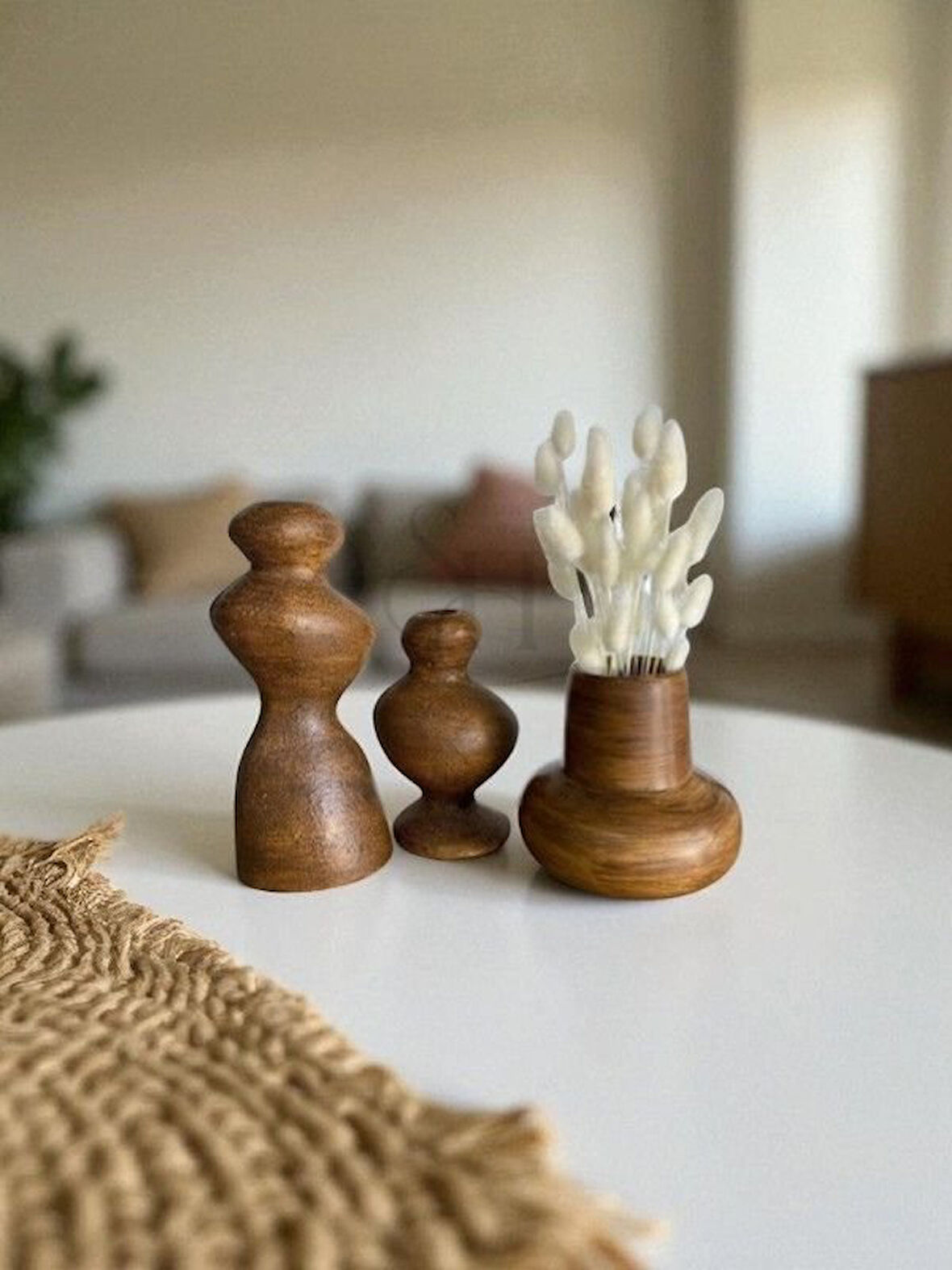 3'lü Ahşap Desenli Hm Bohem Vazo Set, İskandinav Şamdan ve Saksı Takım