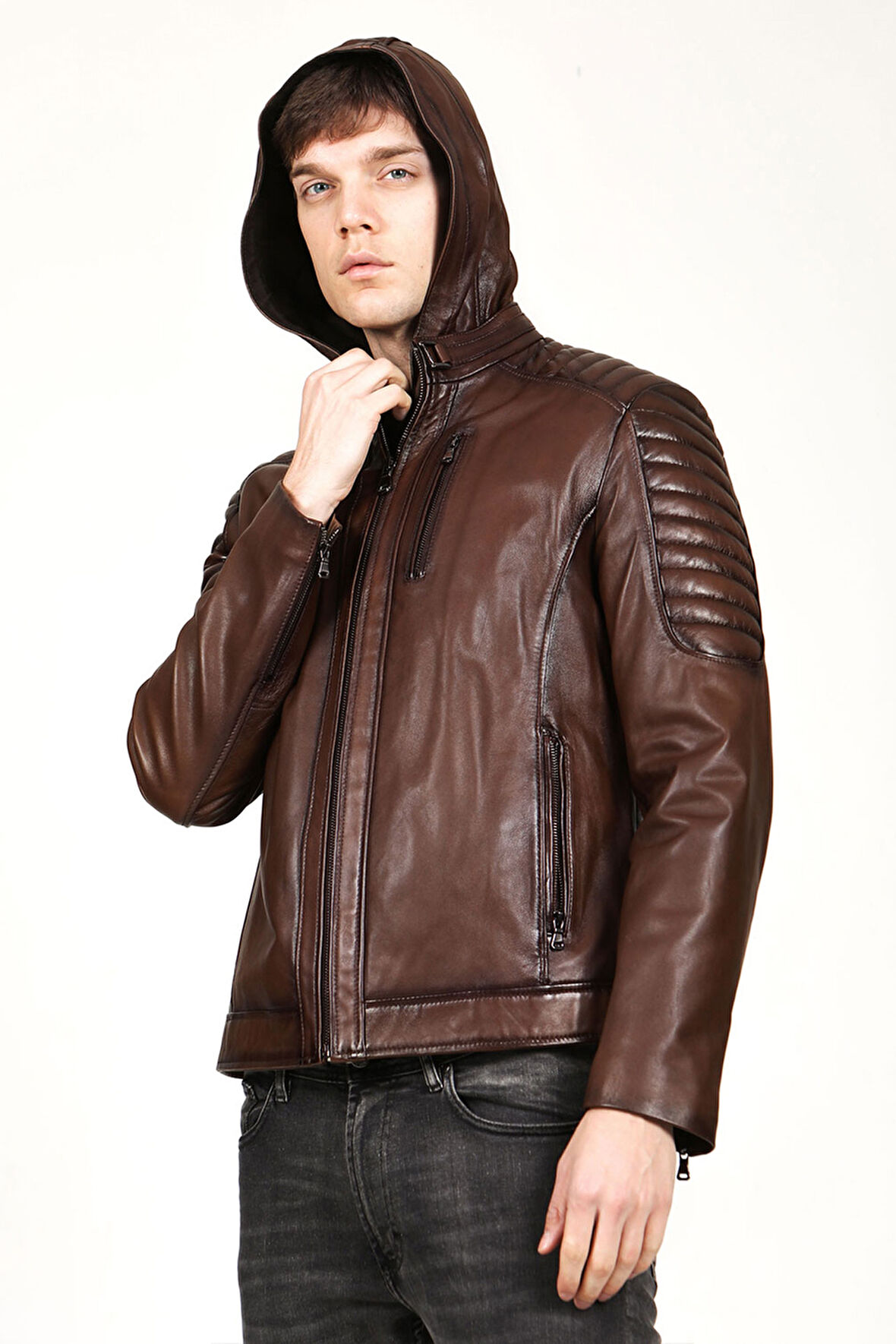 DERİCLUB Livorno Erkek Kapüşonlu Hakiki Deri Mont CAMEL ANTİK