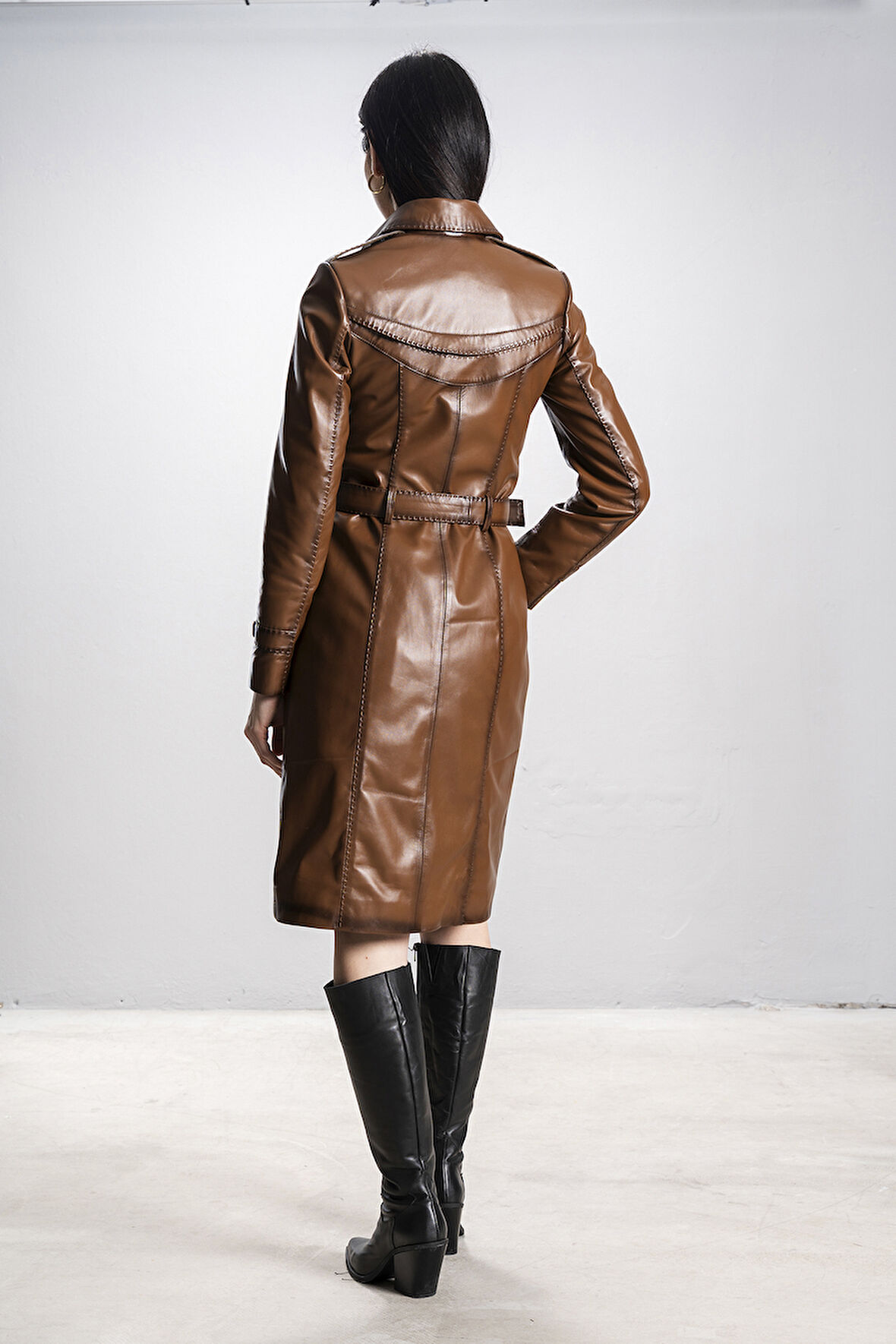 DERİCLUB Angela Kadın Dikiş Detaylı Kemerli Gerçek Deri Trençkot VİSKİ