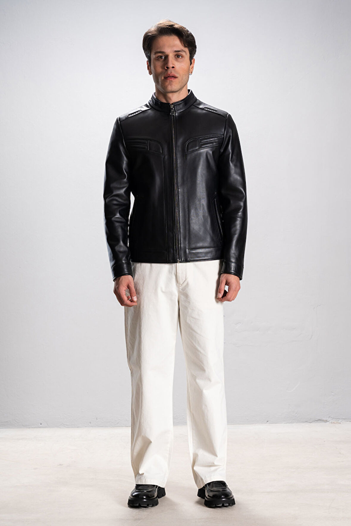 Albert Erkek Hakim Yaka Slim Fit Gerçek Deri Mont SİYAH