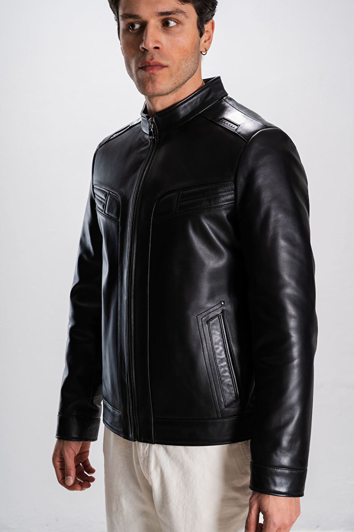 Albert Erkek Hakim Yaka Slim Fit Gerçek Deri Mont SİYAH