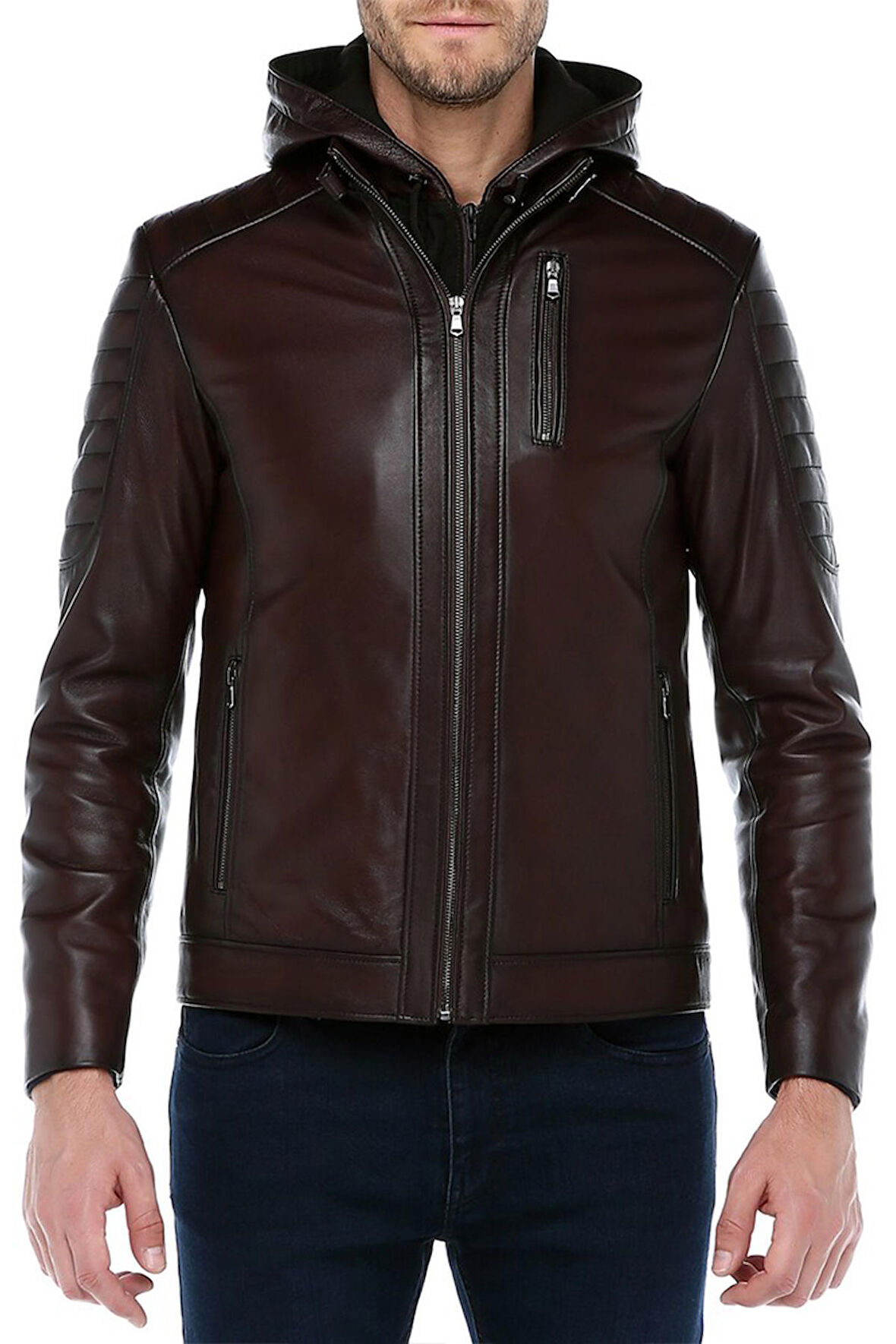 DERİCLUB E1055 Kapüşonlu Gerçek Deri Erkek Mont