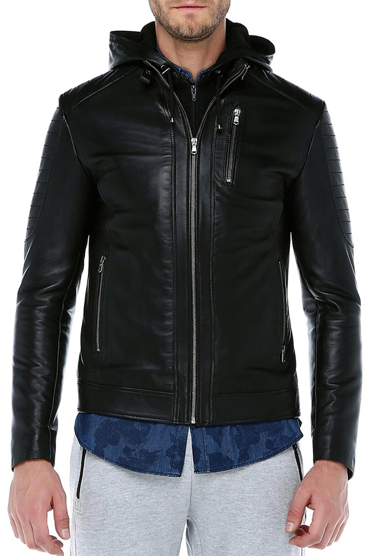 DERİCLUB E1055 Kapüşonlu Gerçek Deri Erkek Mont