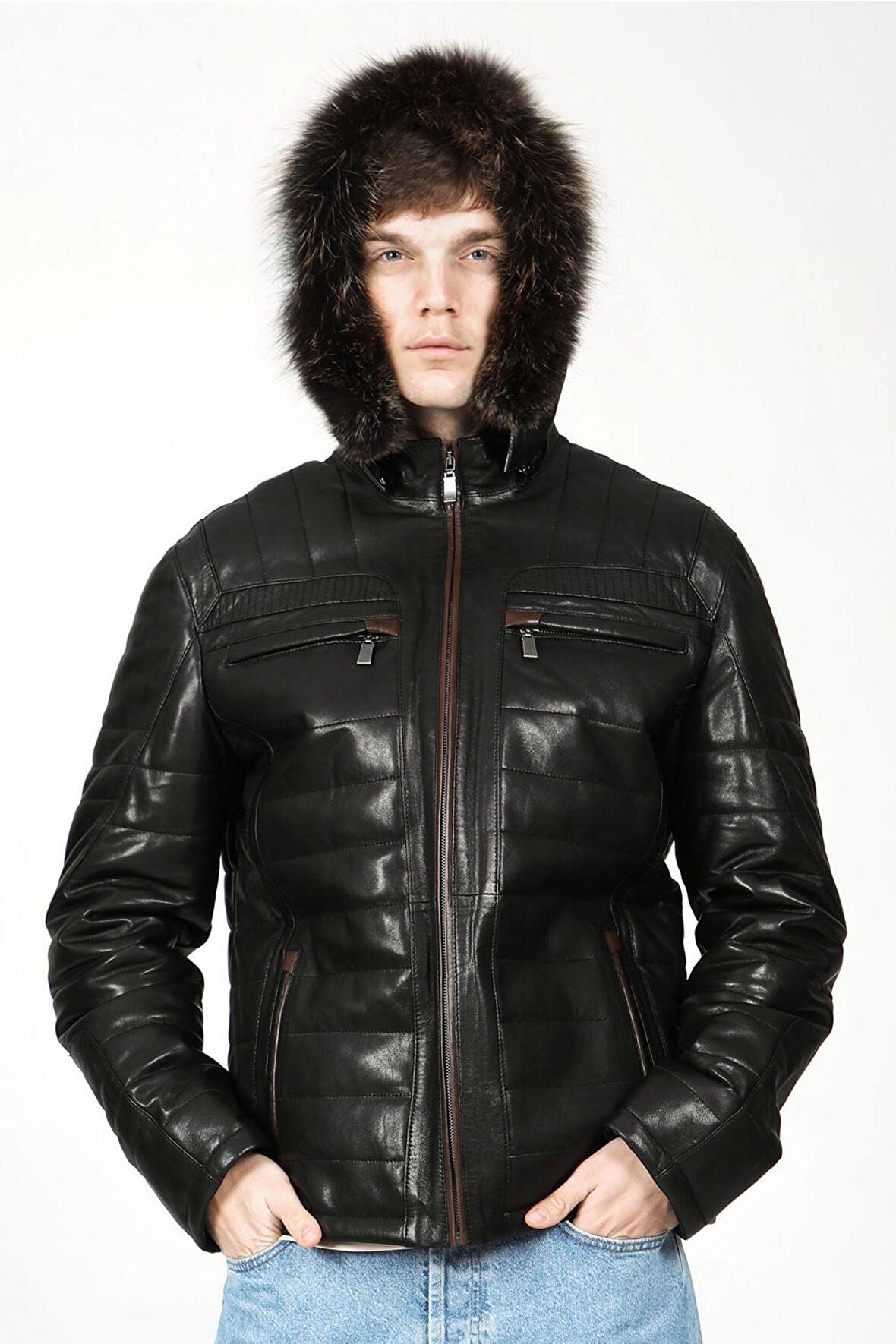 DERİCLUB E1039 Kapüşonlu VEJETAL Gerçek Deri Erkek Mont