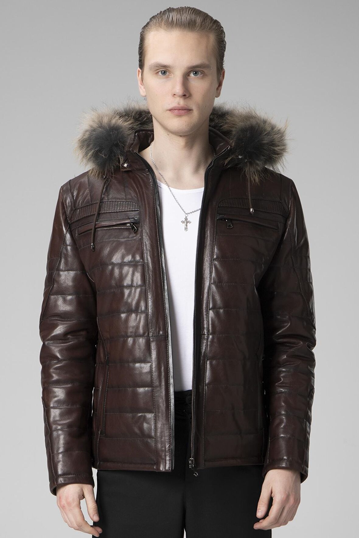 DERİCLUB E1039 Kapüşonlu VEJETAL Gerçek Deri Erkek Mont